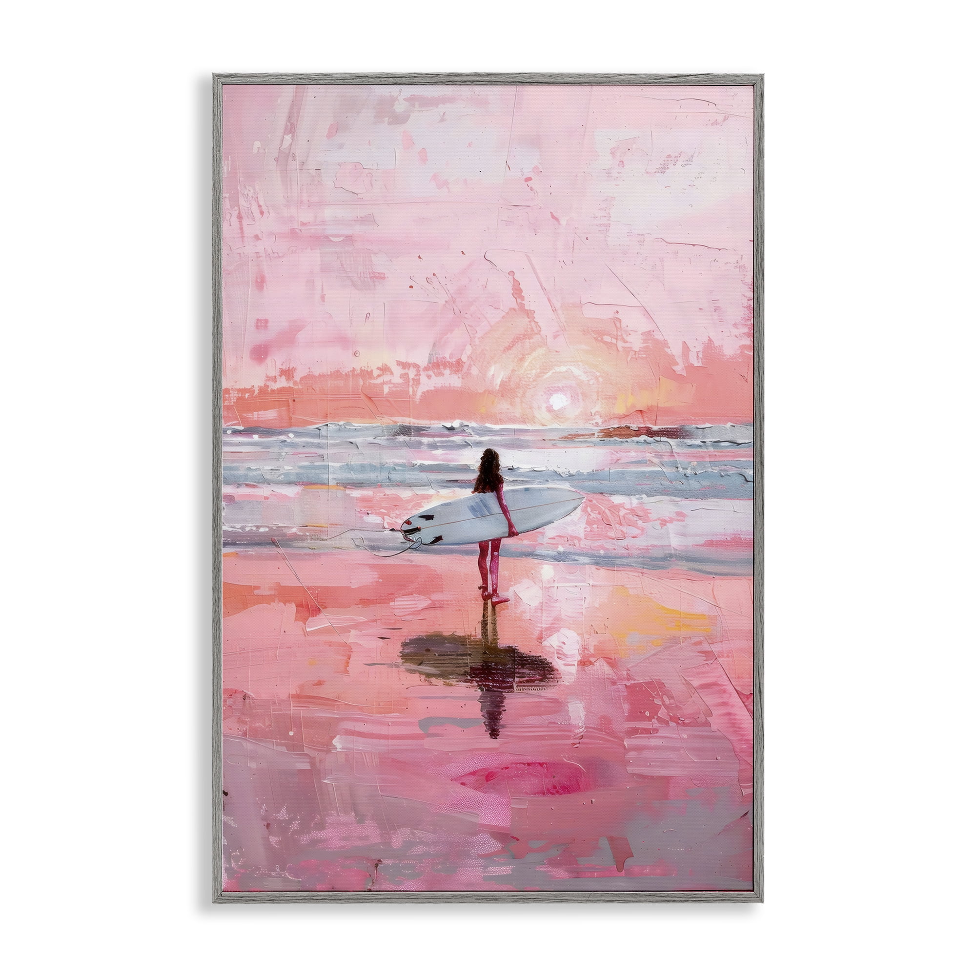 Stupell Industries Surfer at Pink Sunset Gray Framed Giclee Art, design by Creative Studio
