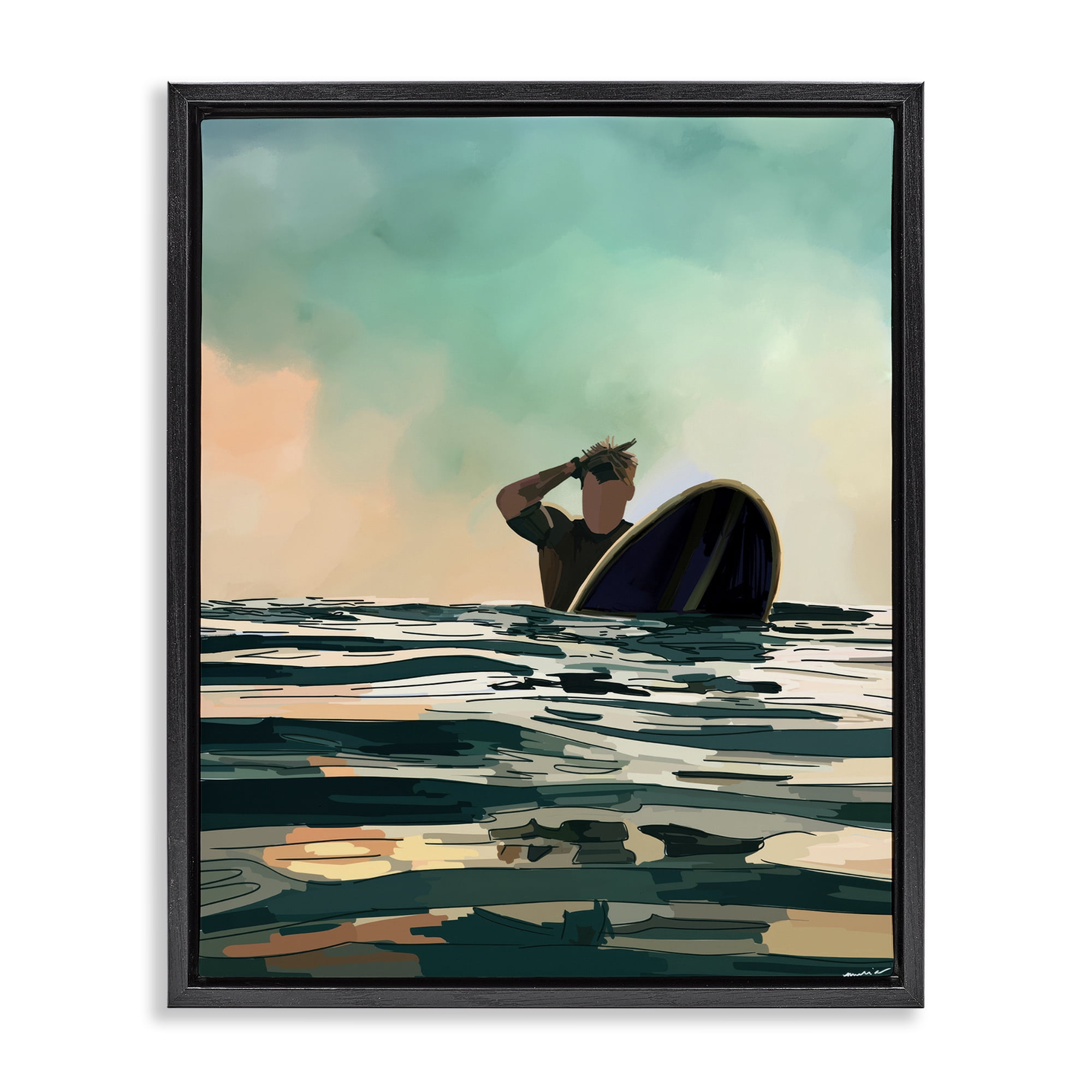 Stupell Industries Surfer with Ocean Reflection Nautical & Beach Painting Black Floater Framed Canvas Art Print Wall Art, 25 x 31