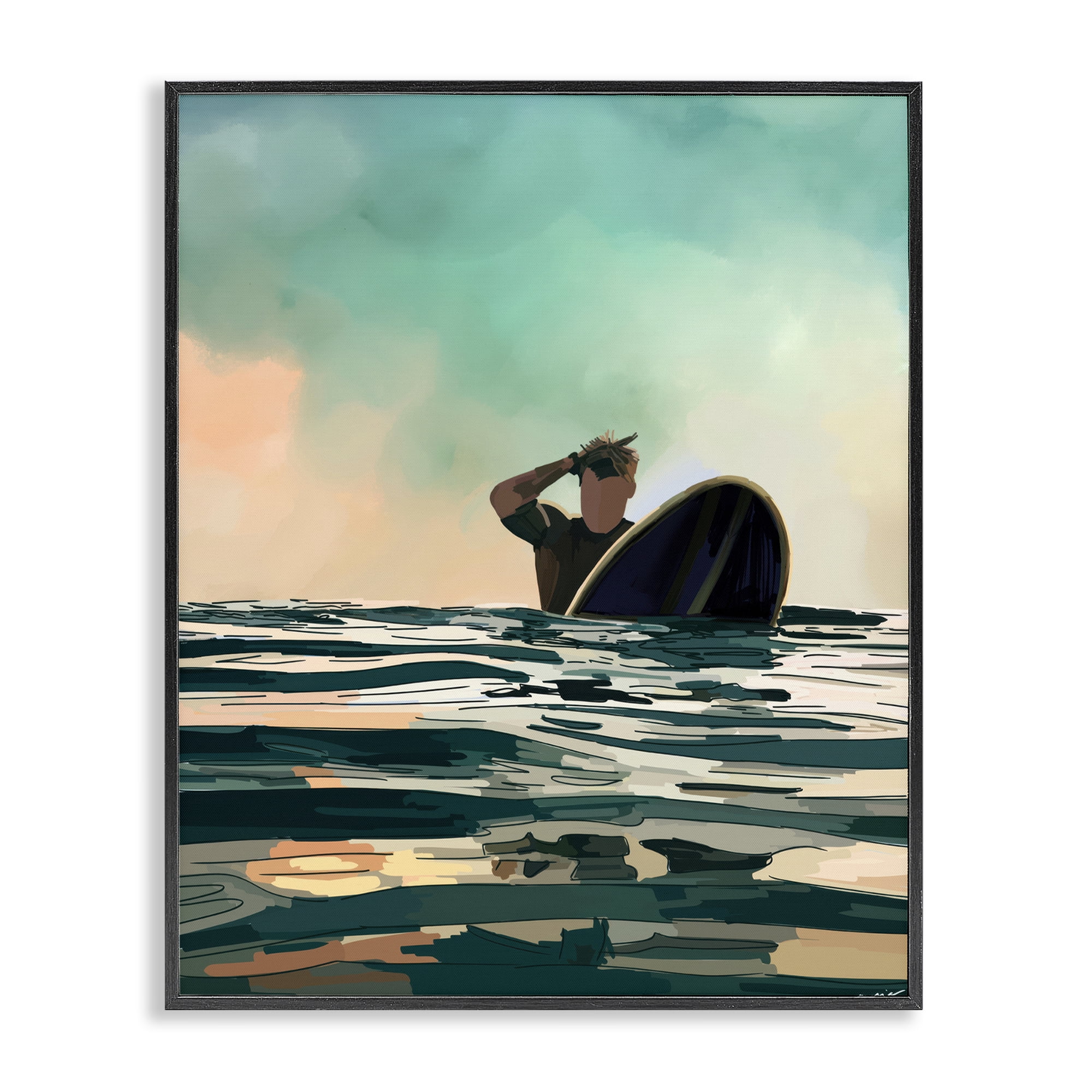 Stupell Industries Surfer with Ocean Reflection Nautical & Beach Painting Black Framed Art Print Wall Art, 11 x 14