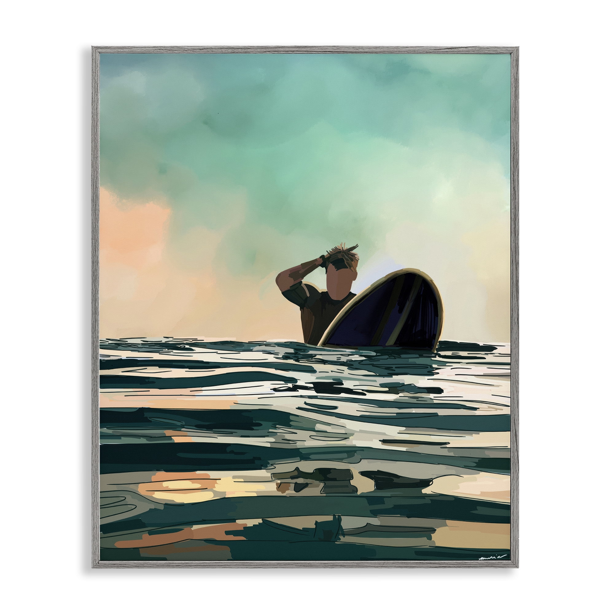 Stupell Industries Surfer with Ocean Reflection Nautical & Beach Painting Gray Framed Art Print Wall Art, 16 x 20