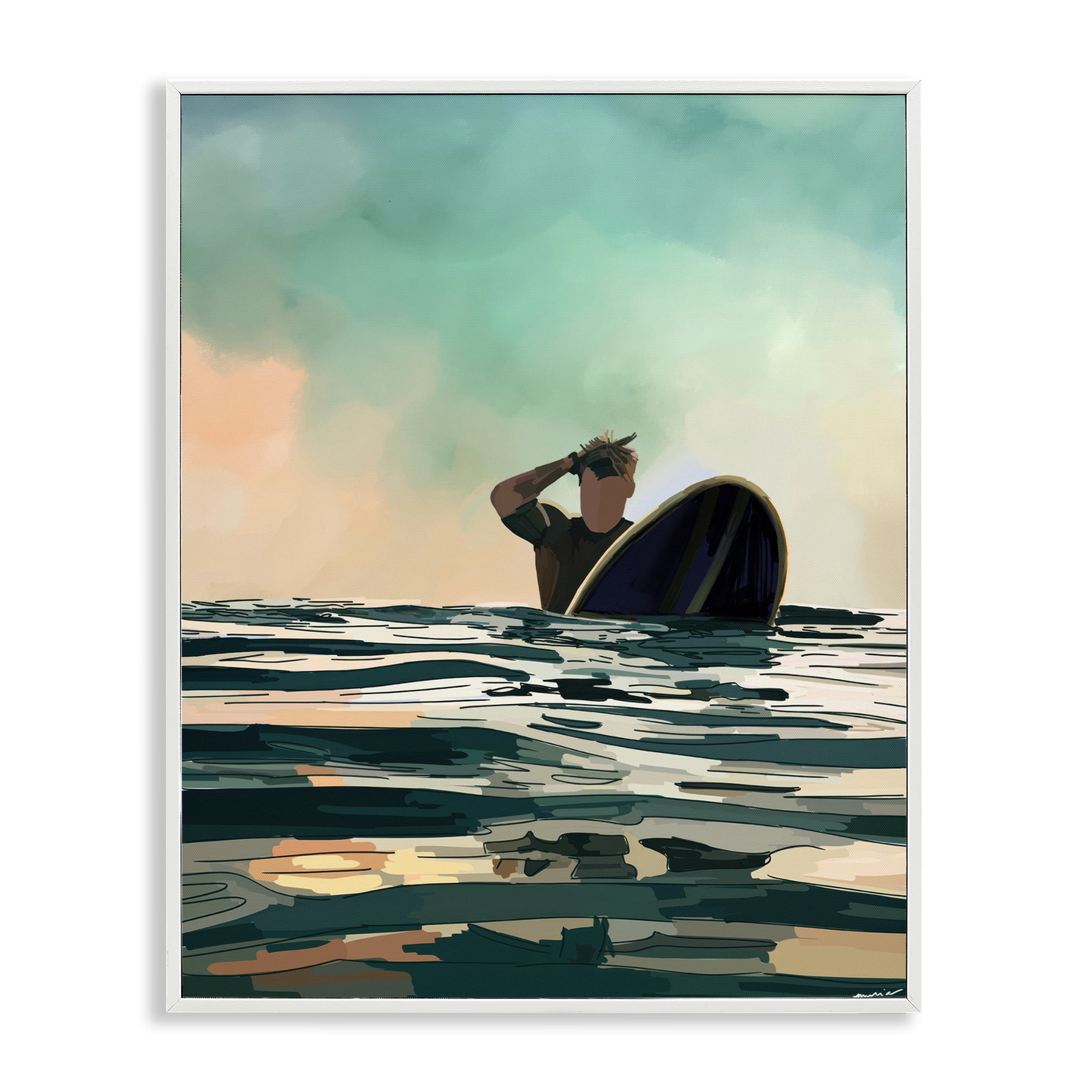 Stupell Industries Surfer with Ocean Reflection Nautical & Beach Painting White Framed Art Print Wall Art, 16 x 20