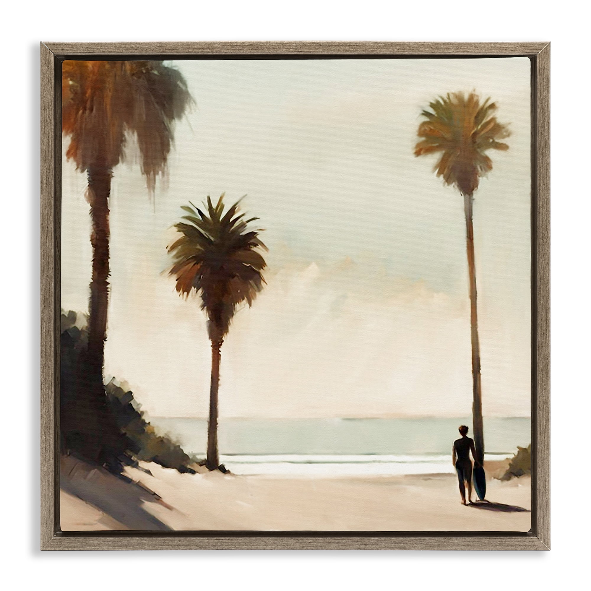 Stupell Industries Surfer with Tropical Palms Landscape & Nature Painting Brown Floater Framed Canvas Art Print Wall Art, 25 x 25