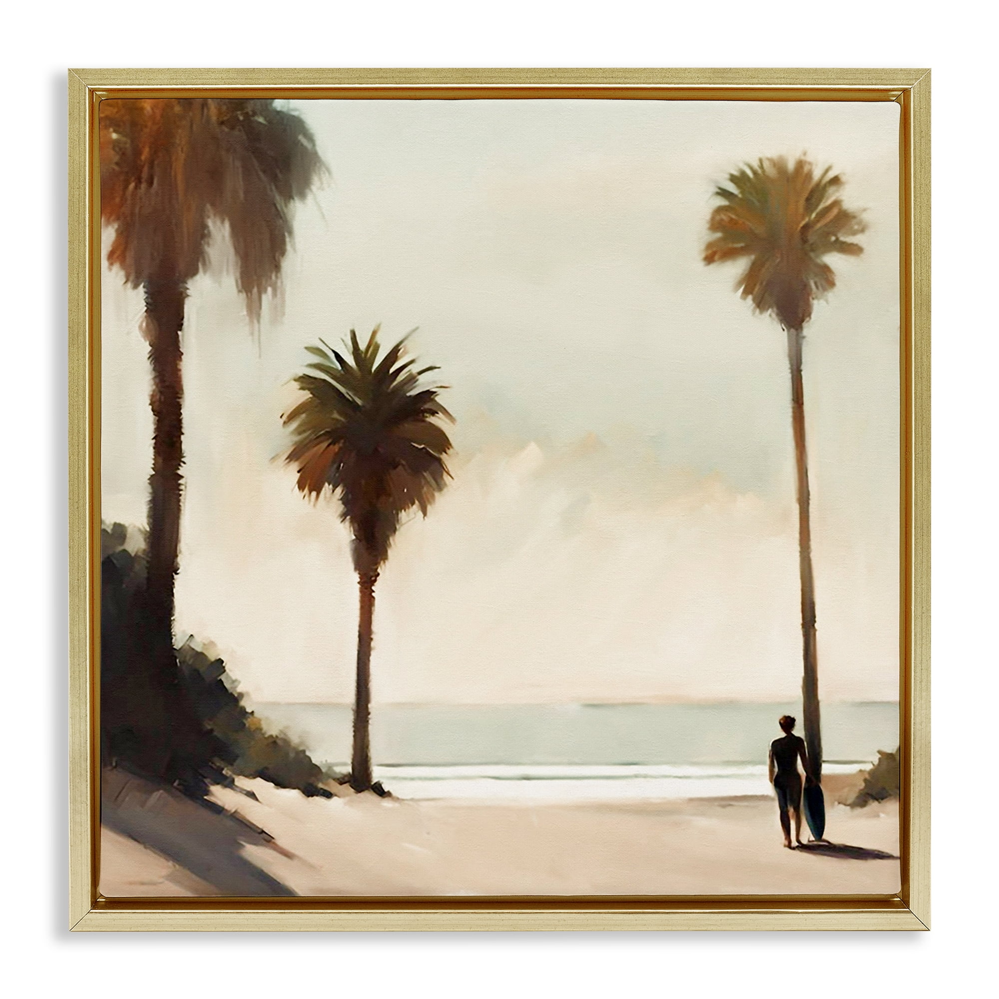 Stupell Industries Surfer with Tropical Palms Landscape & Nature Painting Gold Floater Framed Canvas Art Print Wall Art, 25 x 25