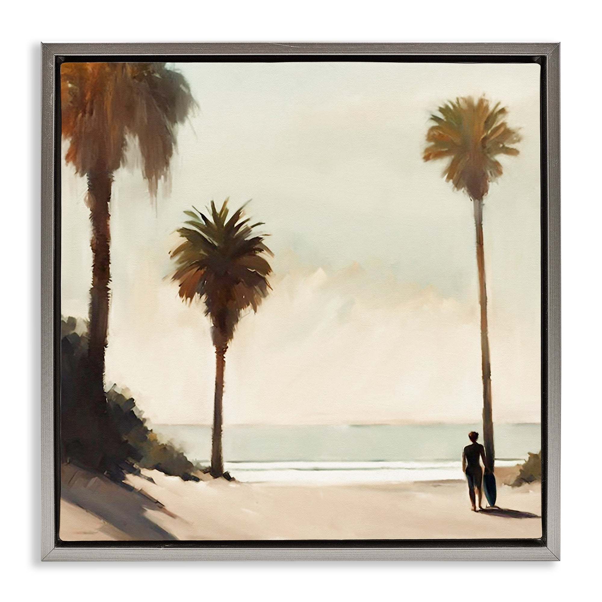 Stupell Industries Surfer with Tropical Palms Landscape & Nature Painting Gray Floater Framed Canvas Art Print Wall Art, 18 x 18