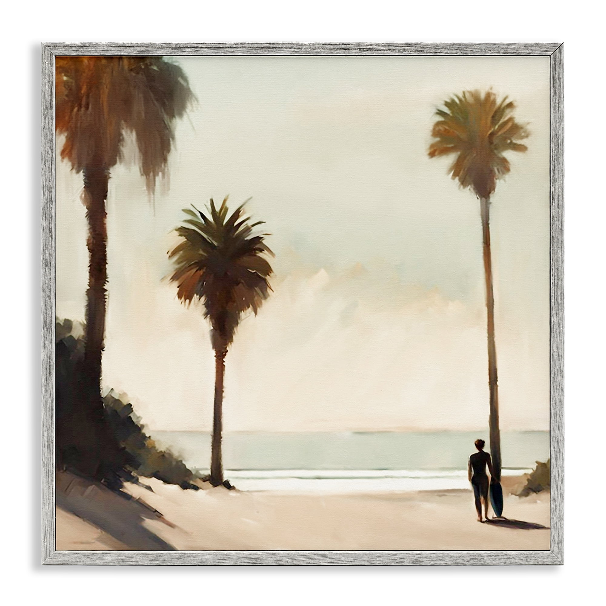 Stupell Industries Surfer with Tropical Palms Landscape & Nature Painting Gray Framed Art Print Wall Art, 24 x 24
