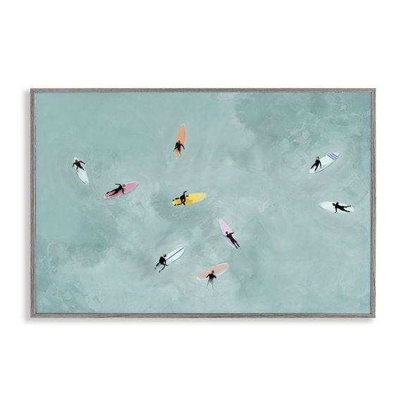 Stupell Industries Surfers Floating On Waves Gray Framed Giclee Art design by Lily K., 12 x 18