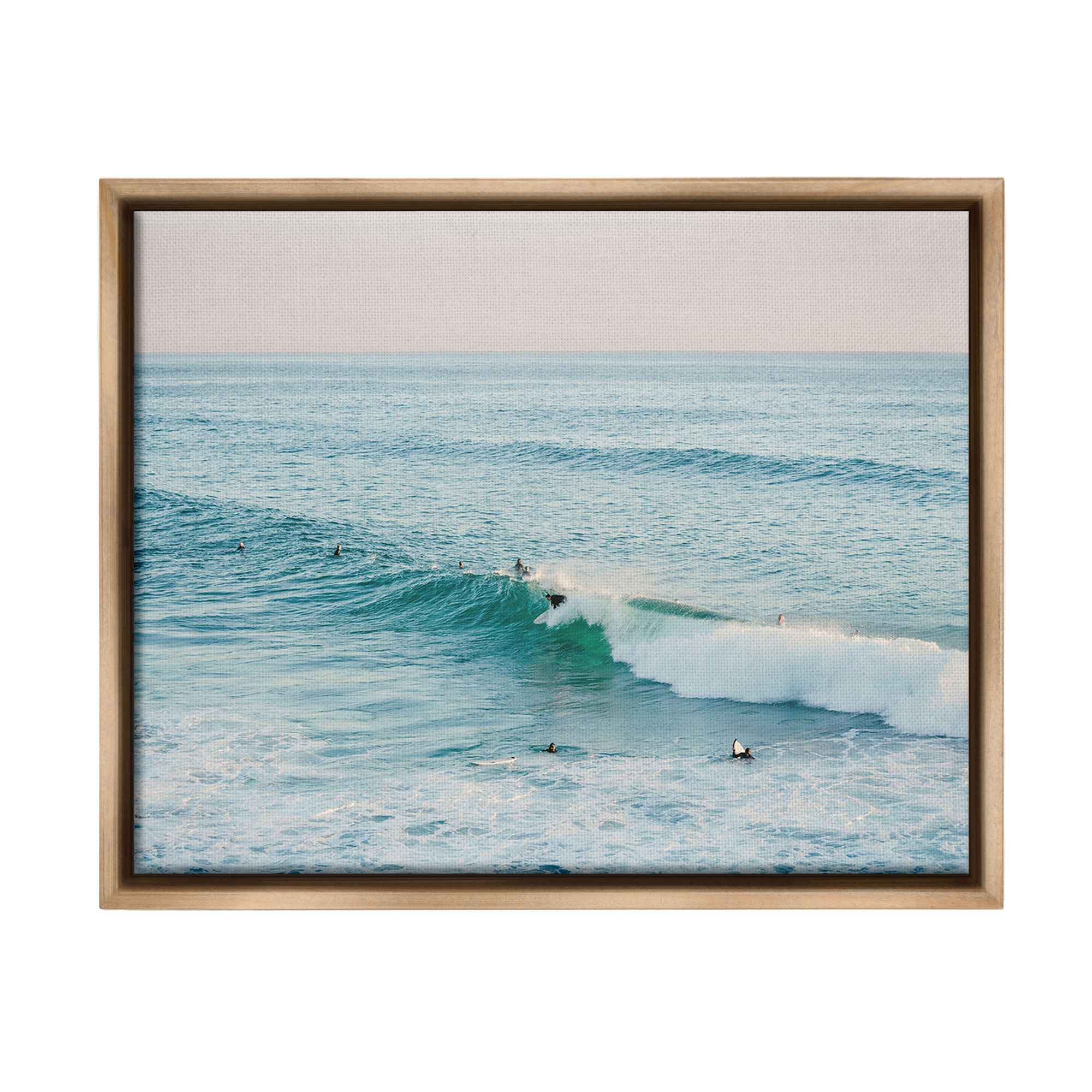 Stupell Industries Surfers Riding Waves Landscape Photography Brown Floater Framed Canvas Art Print Wall Art, 21 x 17