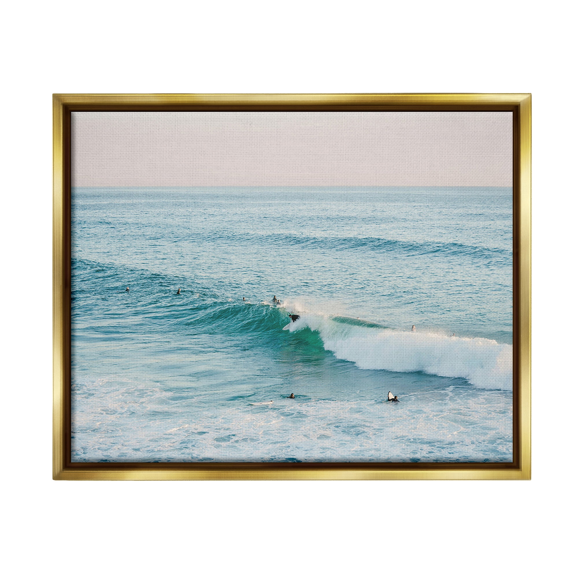 Stupell Industries Surfers Riding Waves Landscape Photography Gold Floater Framed Canvas Art Print Wall Art, 21 x 17
