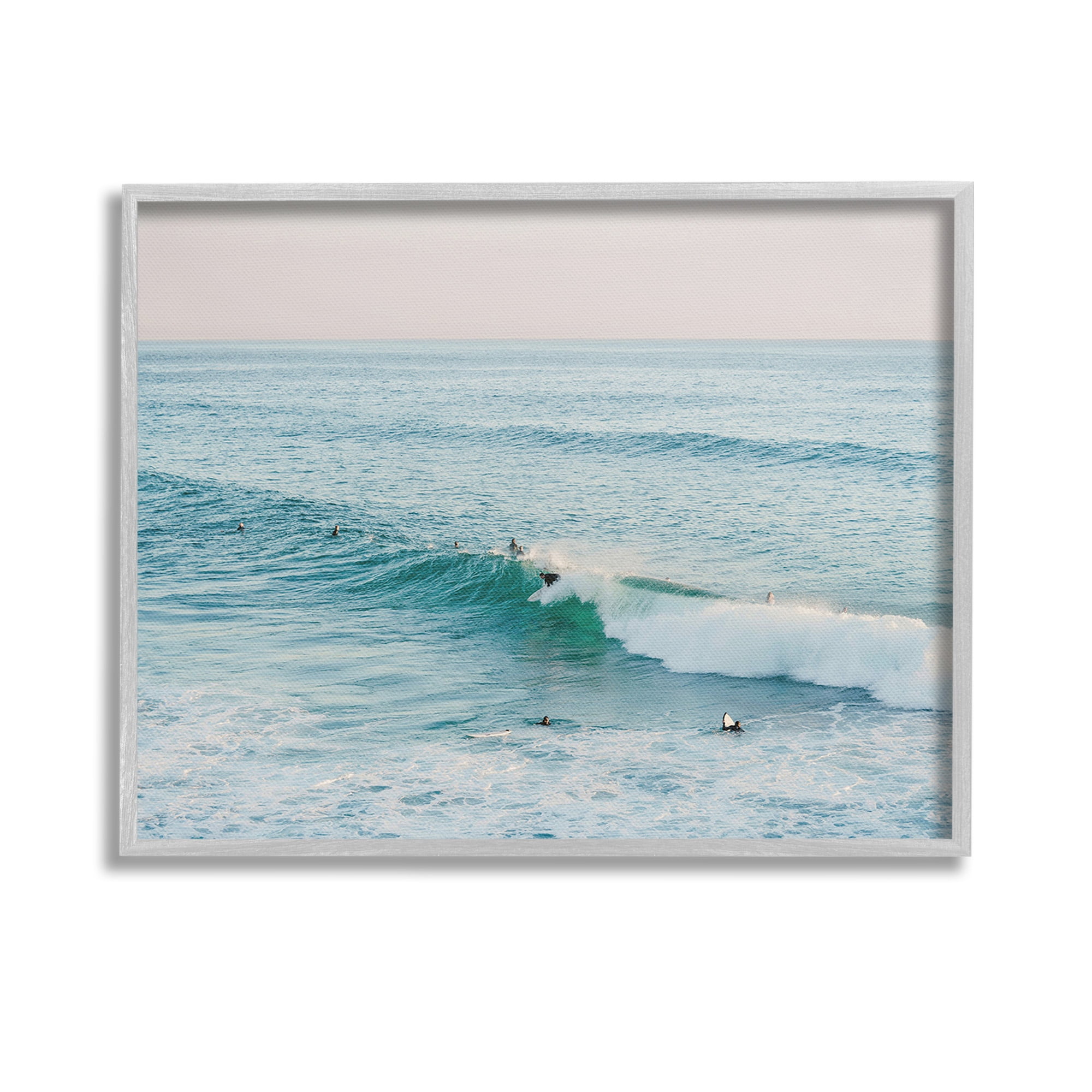Stupell Industries Surfers Riding Waves Landscape Photography Gray Framed Art Print Wall Art, 14 x 11