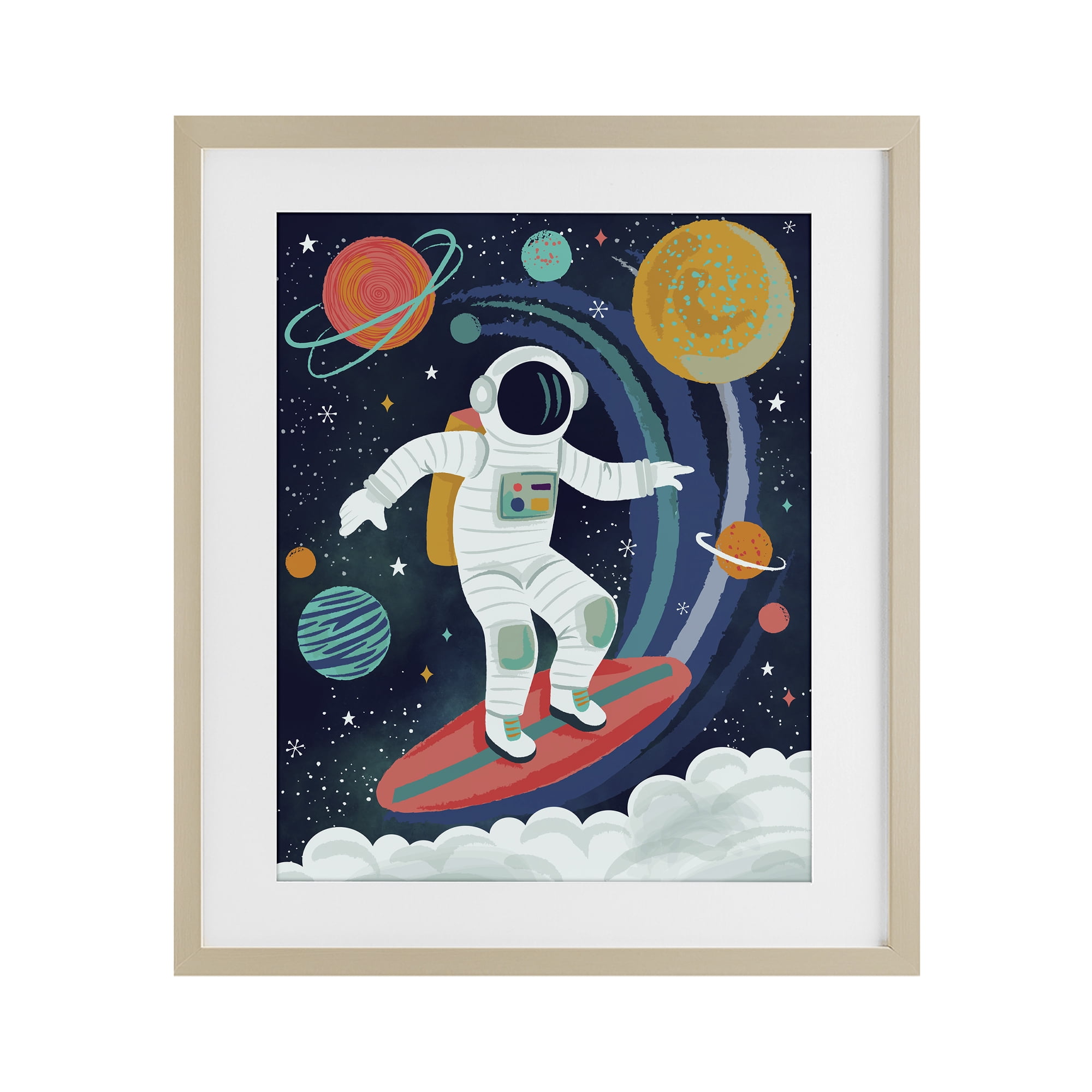 Stupell Industries Surfing Astronaut Beyond Space Birch Framed Print Under Glass, design by Lisa Perry Whitebutton
