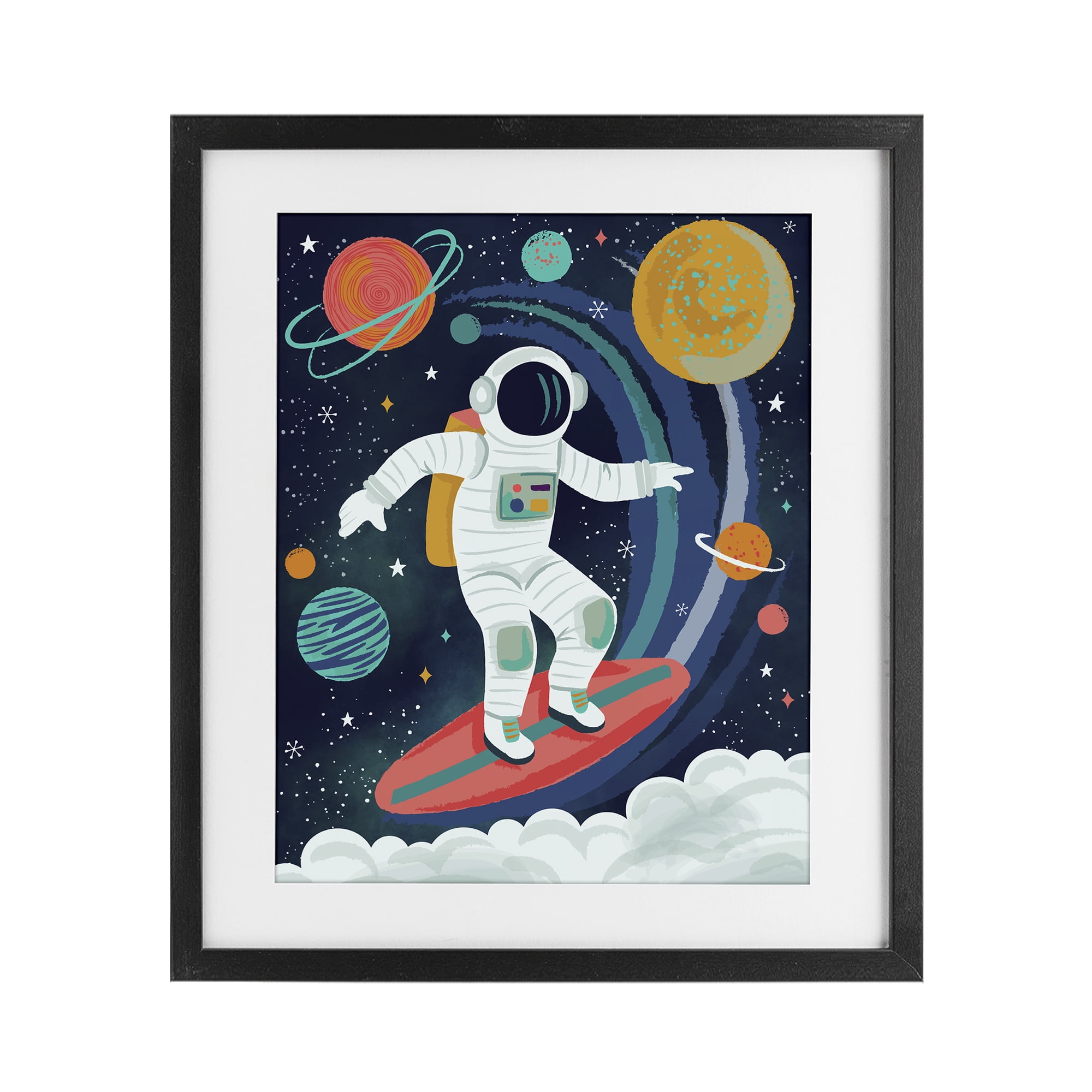 Stupell Industries Surfing Astronaut Beyond Space Black Framed Print Under Glass, design by Lisa Perry Whitebutton