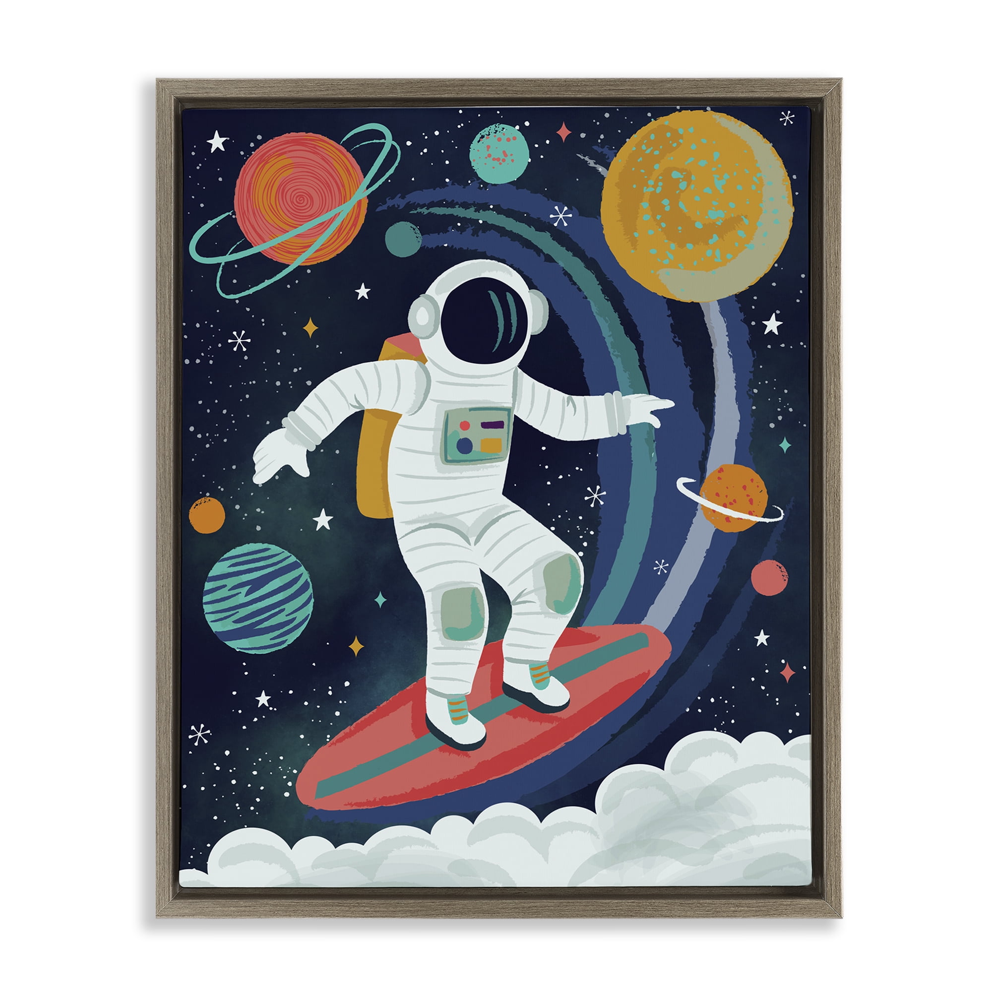Stupell Industries Surfing Astronaut Beyond Space Brown Framed Floater Canvas Wall Art, design by Lisa Perry Whitebutton