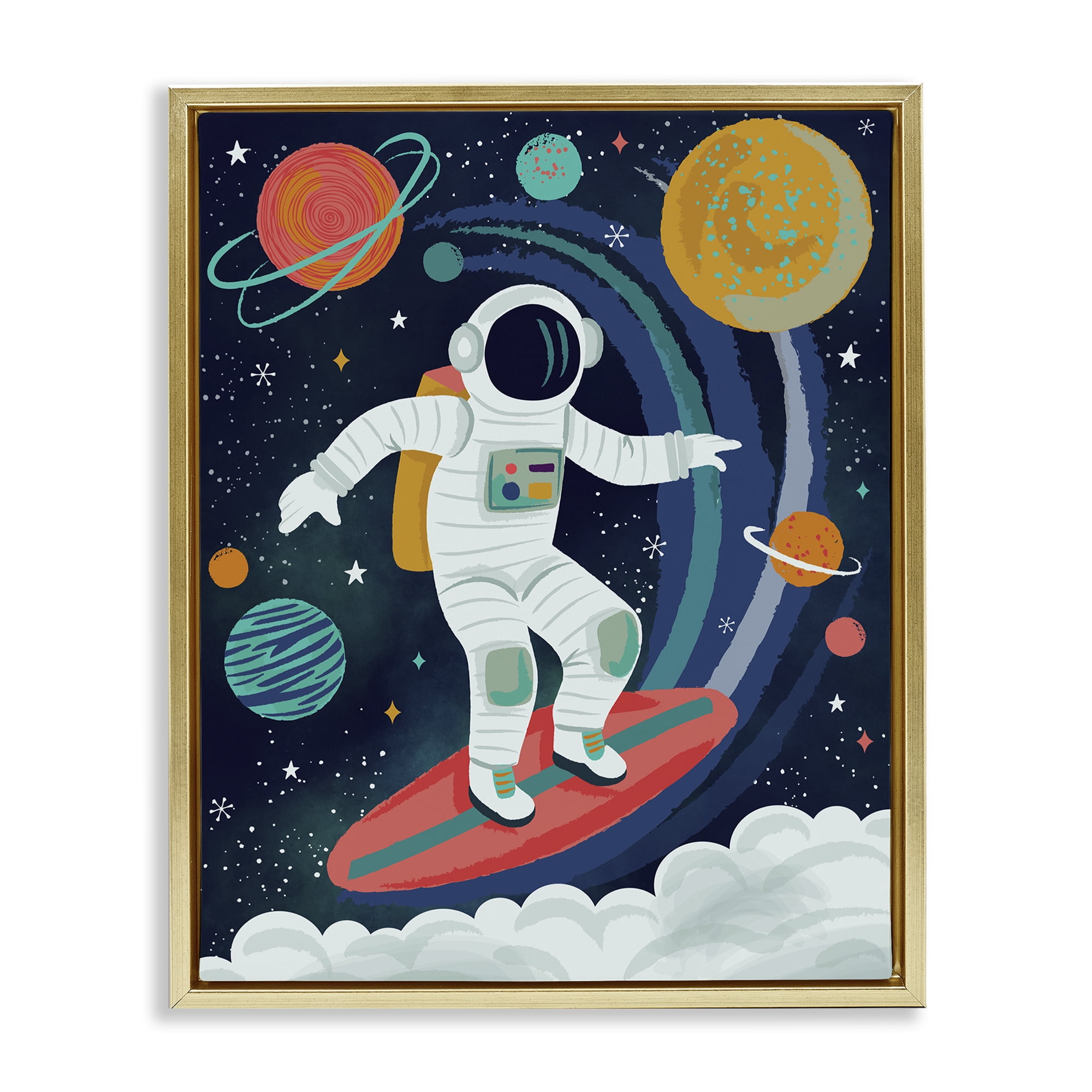 Stupell Industries Surfing Astronaut Beyond Space Gold Framed Floater Canvas Wall Art, design by Lisa Perry Whitebutton