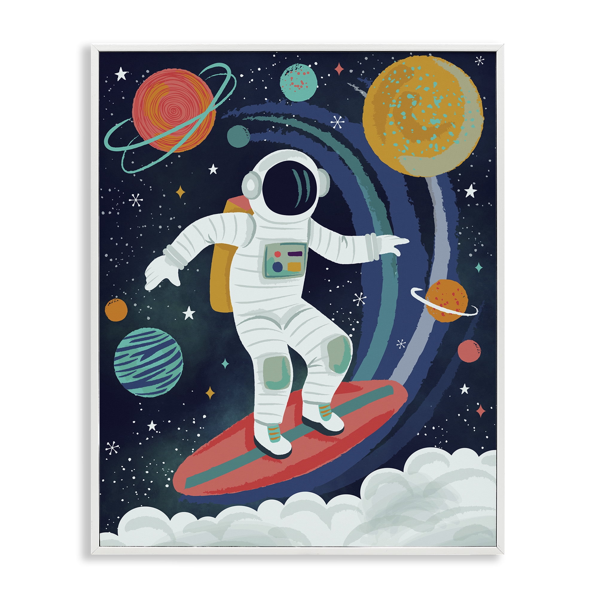 Stupell Industries Surfing Astronaut Beyond Space White Framed Giclee Art, design by Lisa Perry Whitebutton