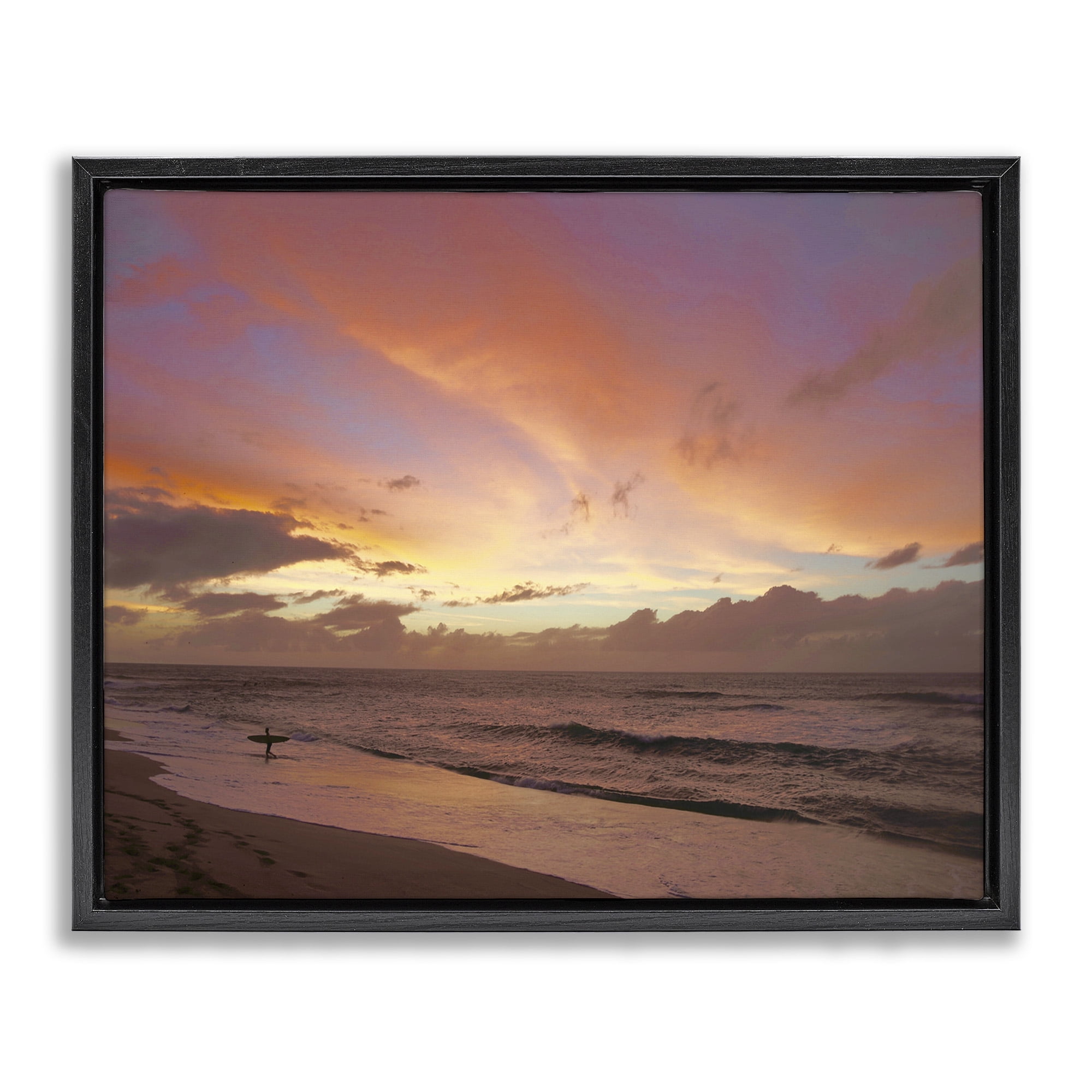 Stupell Industries Surfing Beach Waves at Sunset Nature Photography Black Floater Framed Canvas Art Print Wall Art, 21 x 17