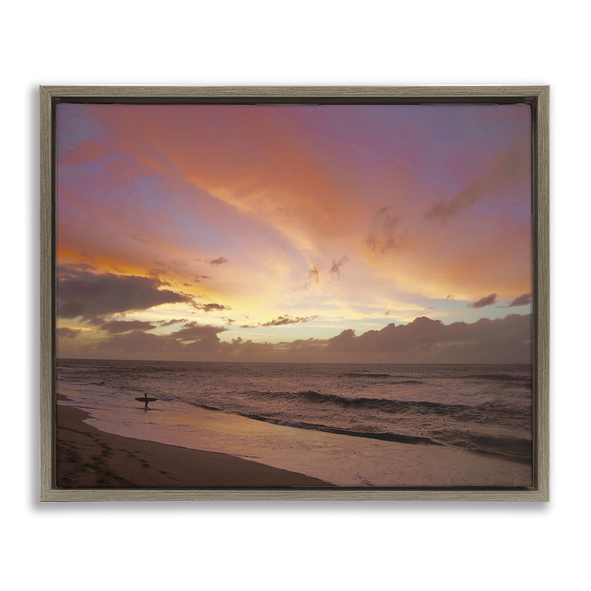Stupell Industries Surfing Beach Waves at Sunset Nature Photography Brown Floater Framed Canvas Art Print Wall Art, 31 x 25