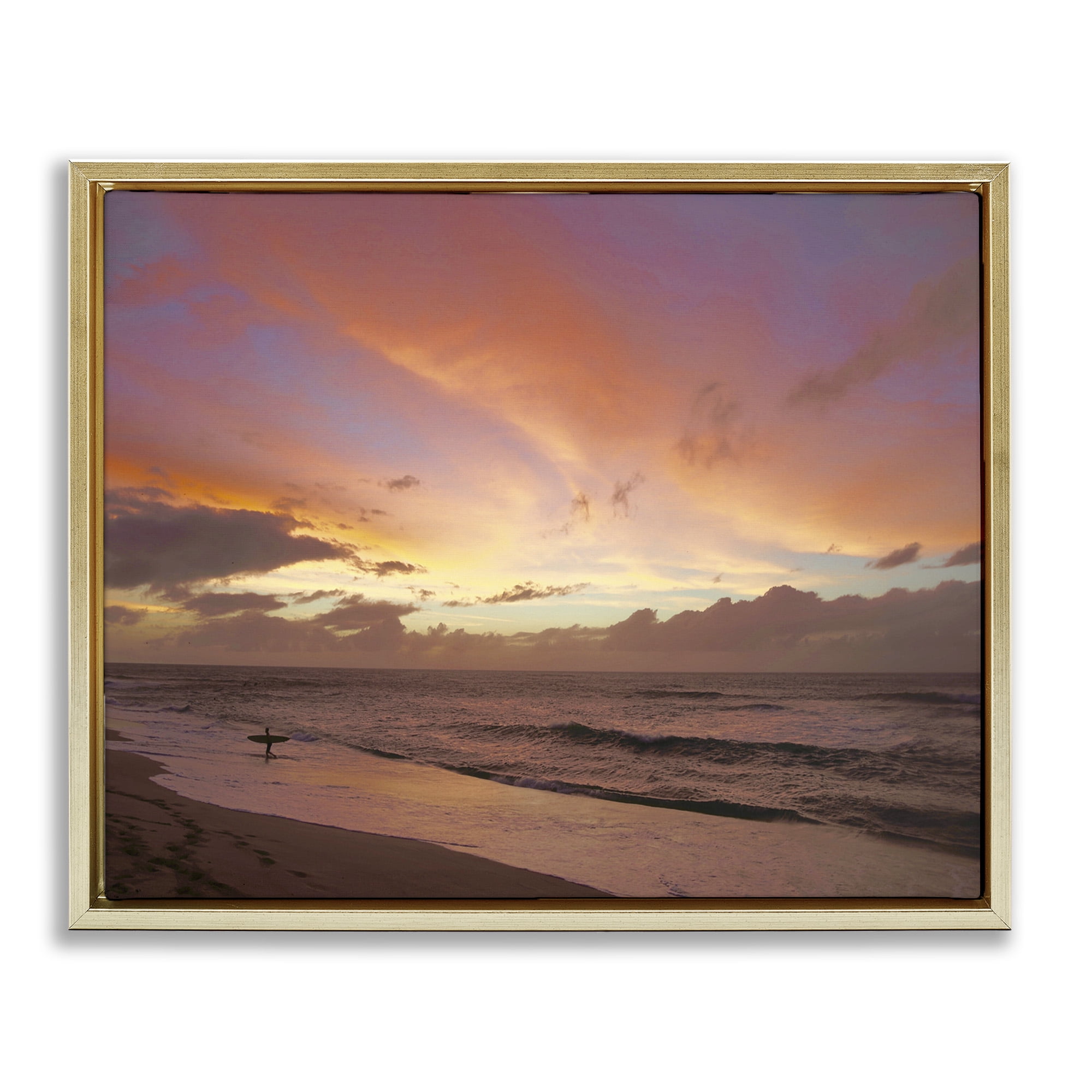 Stupell Industries Surfing Beach Waves at Sunset Nature Photography Gold Floater Framed Canvas Art Print Wall Art, 21 x 17