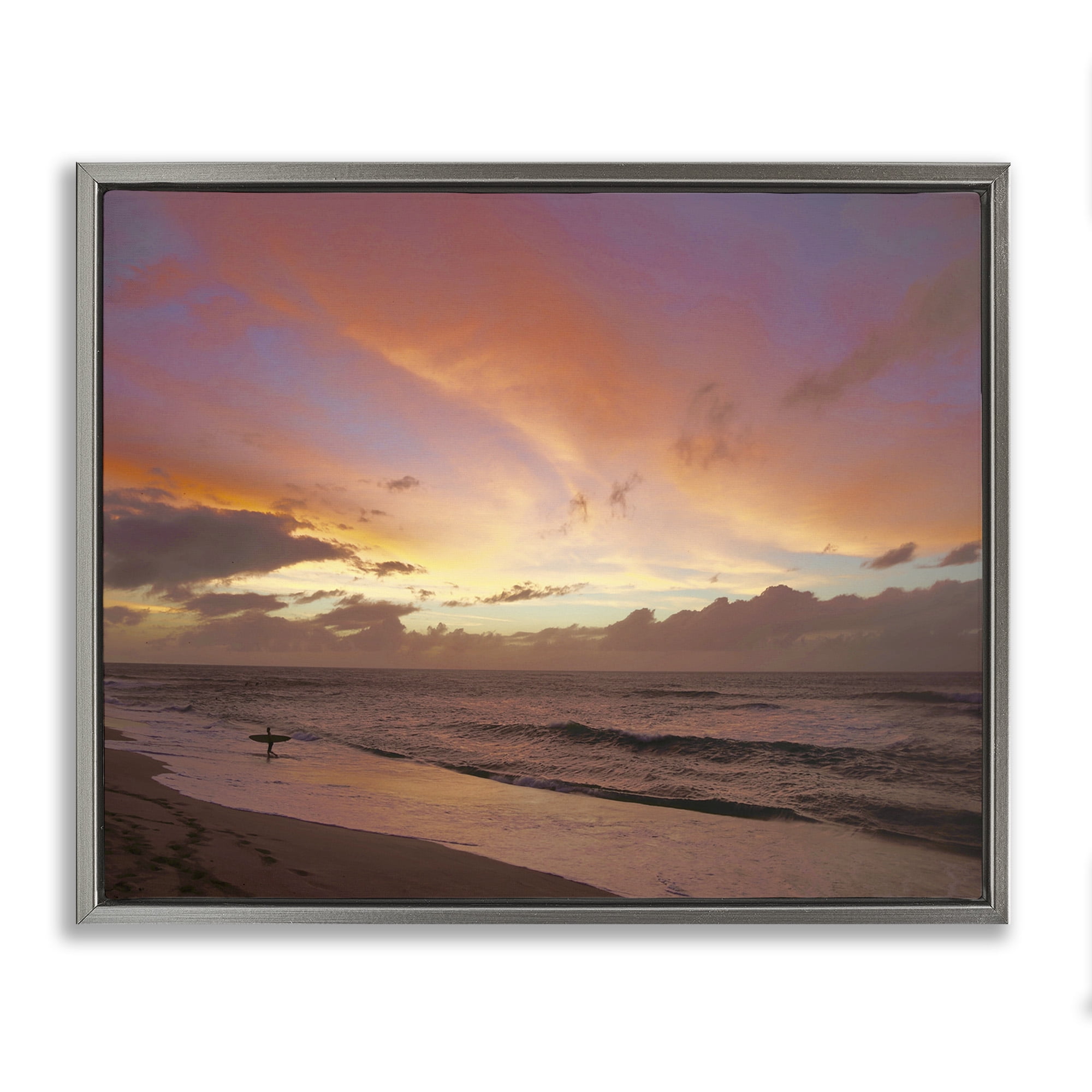 Stupell Industries Surfing Beach Waves at Sunset Nature Photography Gray Floater Framed Canvas Art Print Wall Art, 21 x 17