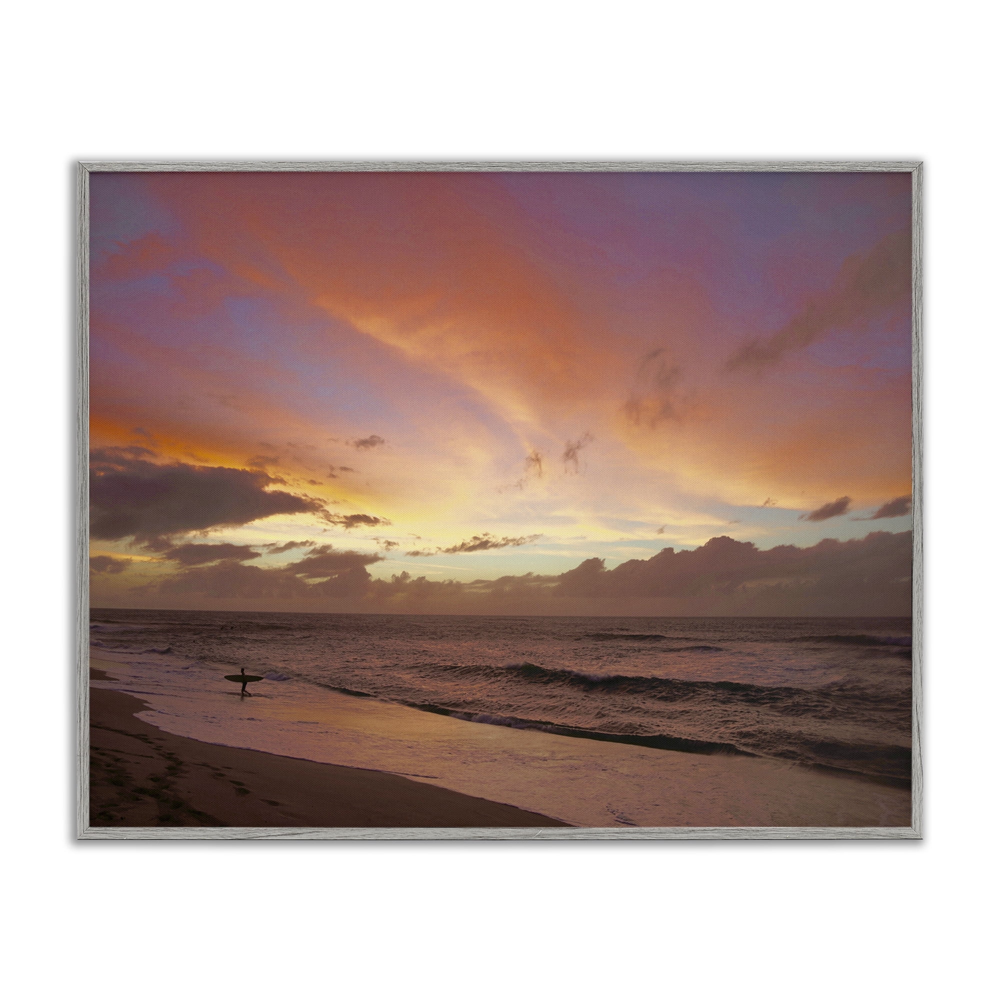 Stupell Industries Surfing Beach Waves at Sunset Nature Photography Gray Framed Art Print Wall Art, 30 x 24