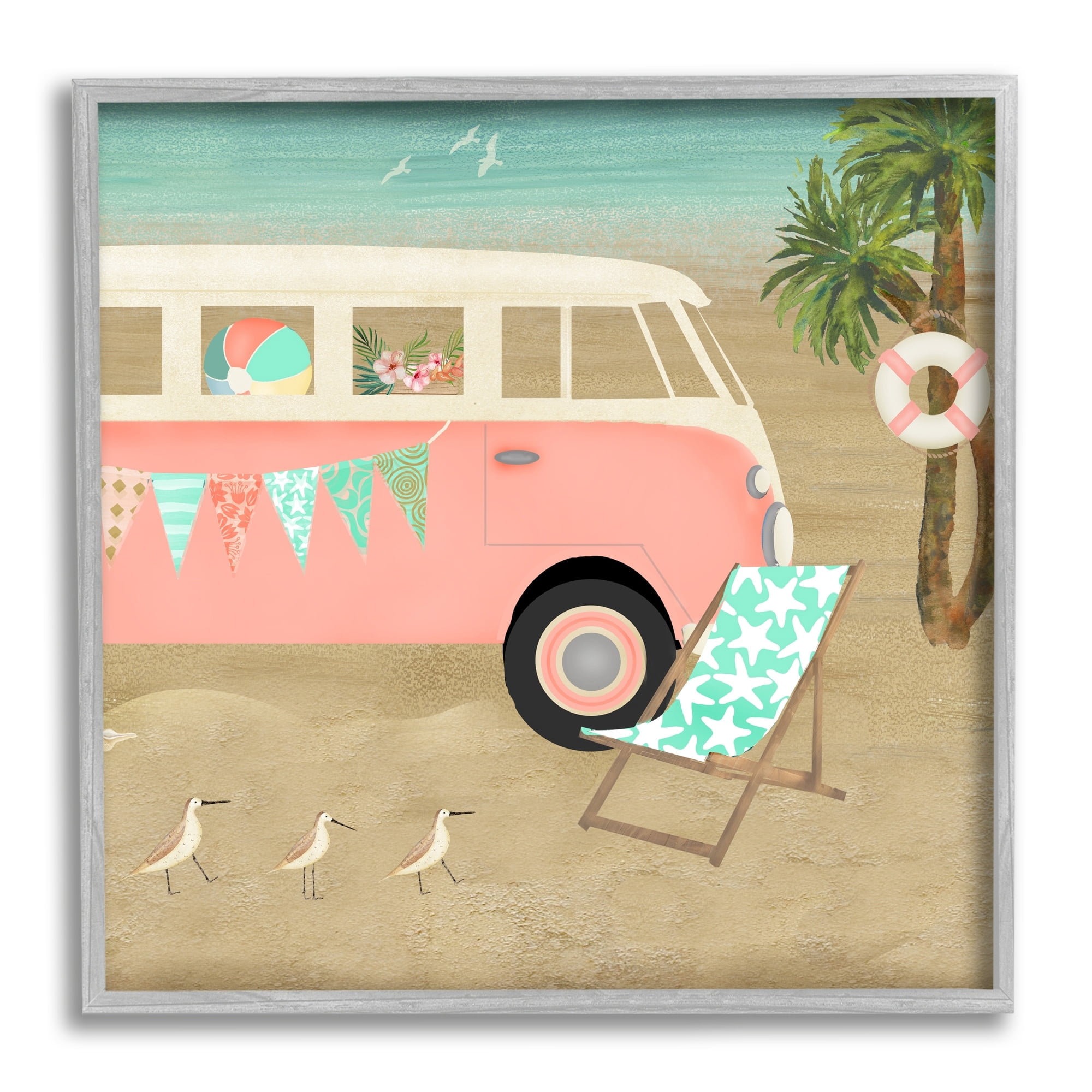 Stupell Industries Surfing Bohemian Camping Trailer Beach Palm Trees,17 x 17, Design by Beth Albert
