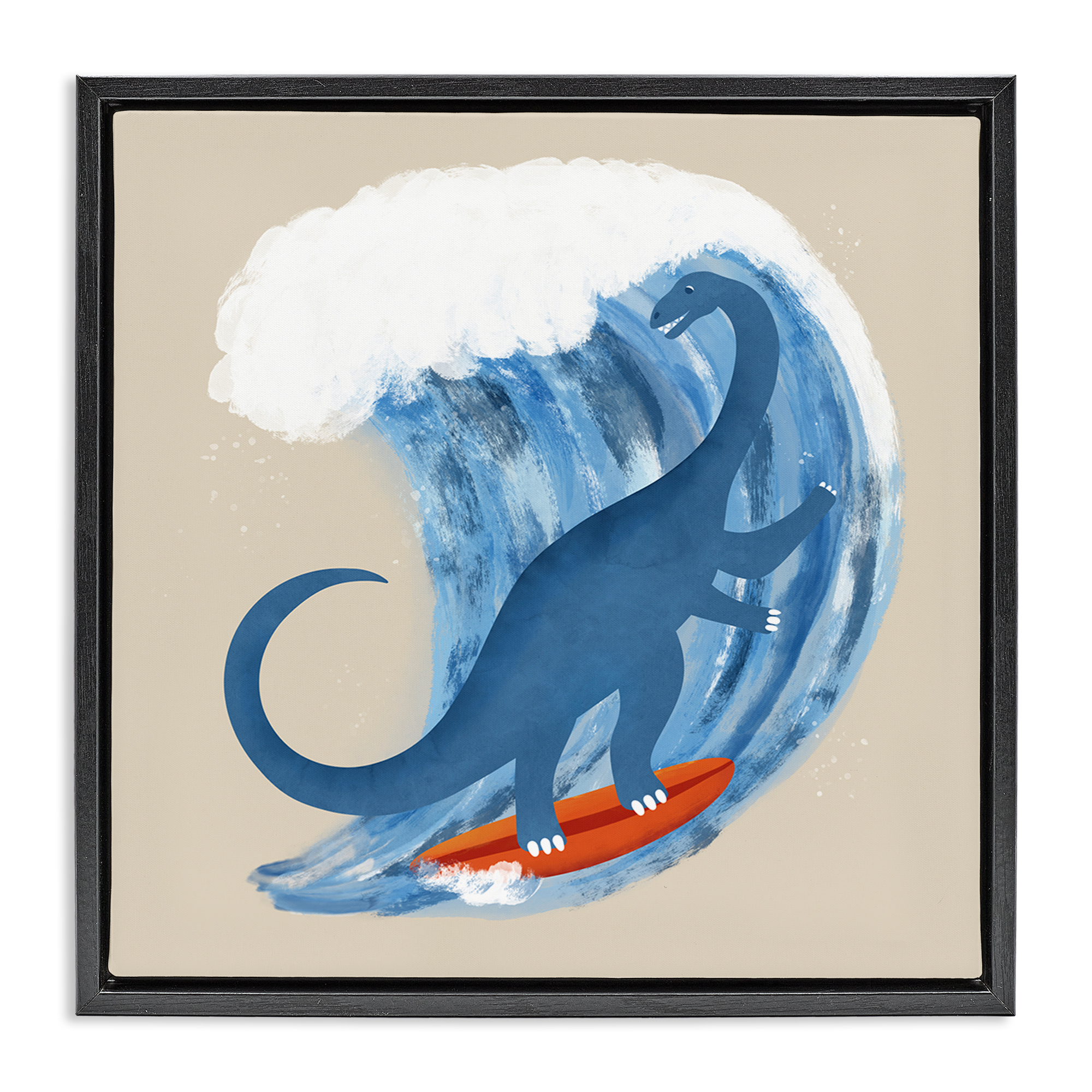 Stupell Industries Surfing Dino Brontosaurus Novelty & Humor Painting Black Floater Framed Canvas Art Print Wall Art, 25 x 25