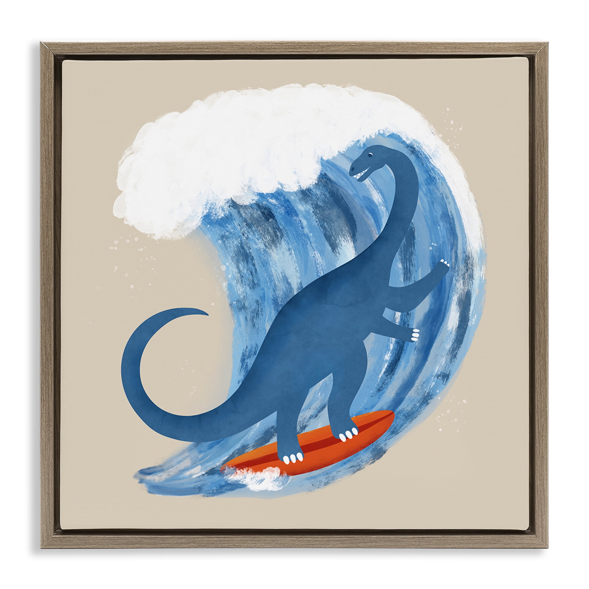 Stupell Industries Surfing Dino Brontosaurus Novelty & Humor Painting Brown Floater Framed Canvas Art Print Wall Art, 18 x 18