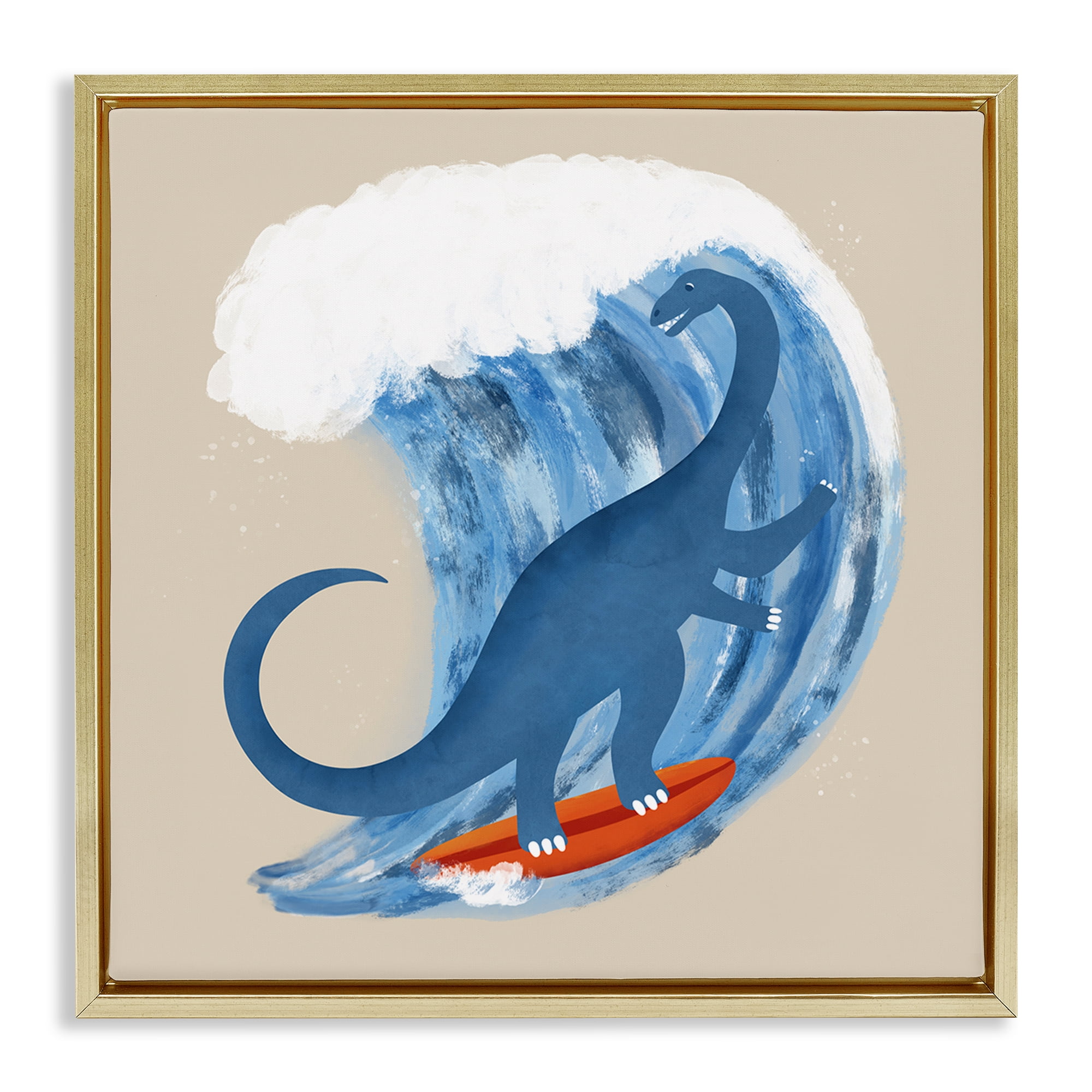 Stupell Industries Surfing Dino Brontosaurus Novelty & Humor Painting Gold Floater Framed Canvas Art Print Wall Art, 18 x 18