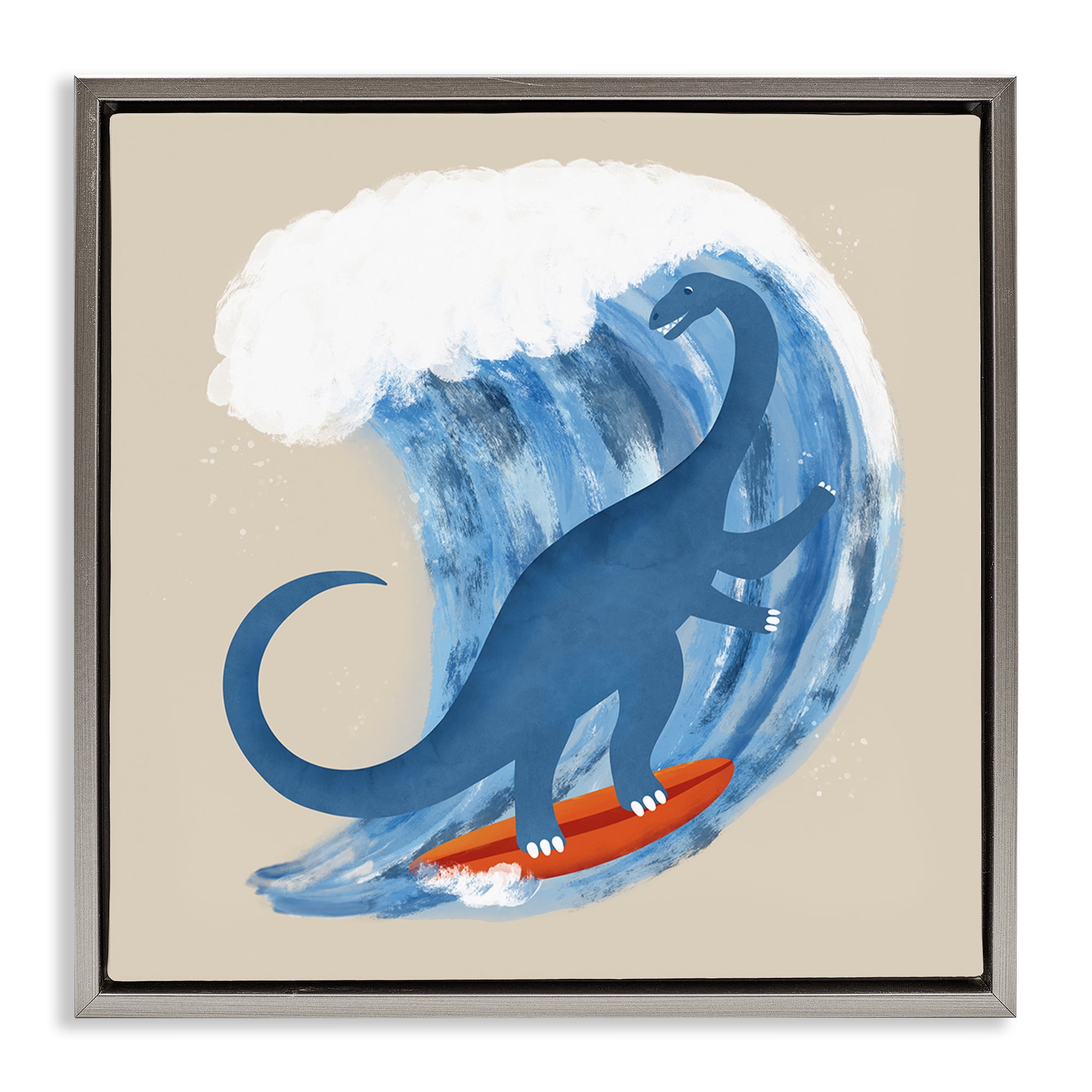 Stupell Industries Surfing Dino Brontosaurus Novelty & Humor Painting Gray Floater Framed Canvas Art Print Wall Art, 25 x 25