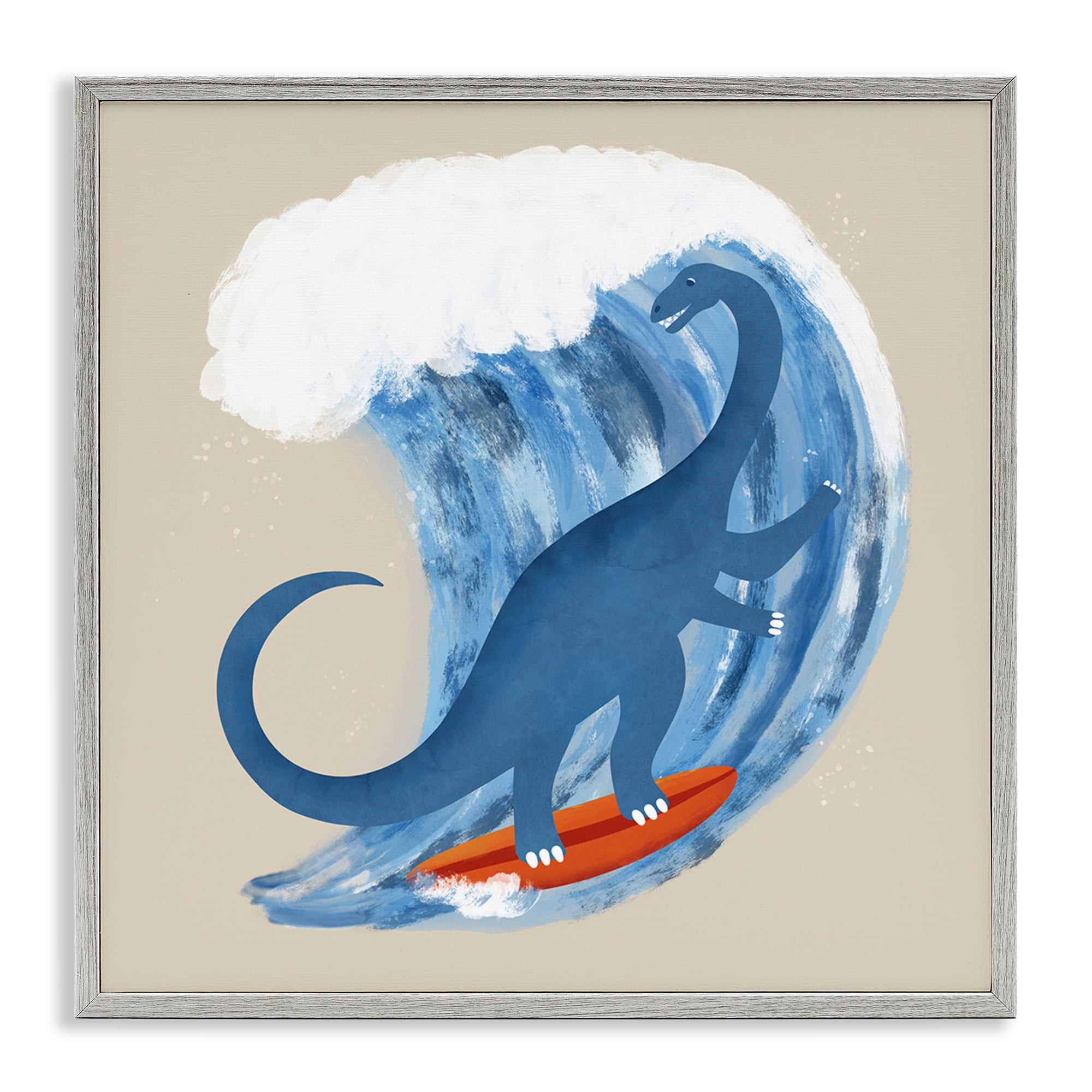 Stupell Industries Surfing Dino Brontosaurus Novelty & Humor Painting Gray Framed Art Print Wall Art, 12 x 12