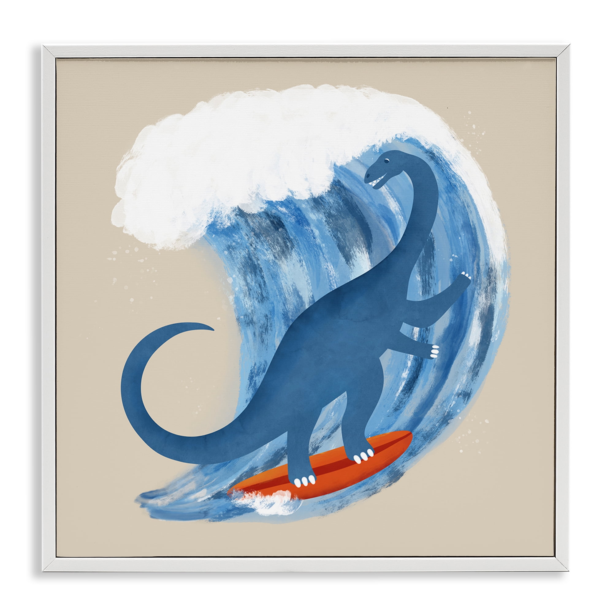Stupell Industries Surfing Dino Brontosaurus Novelty & Humor Painting White Framed Art Print Wall Art, 24 x 24