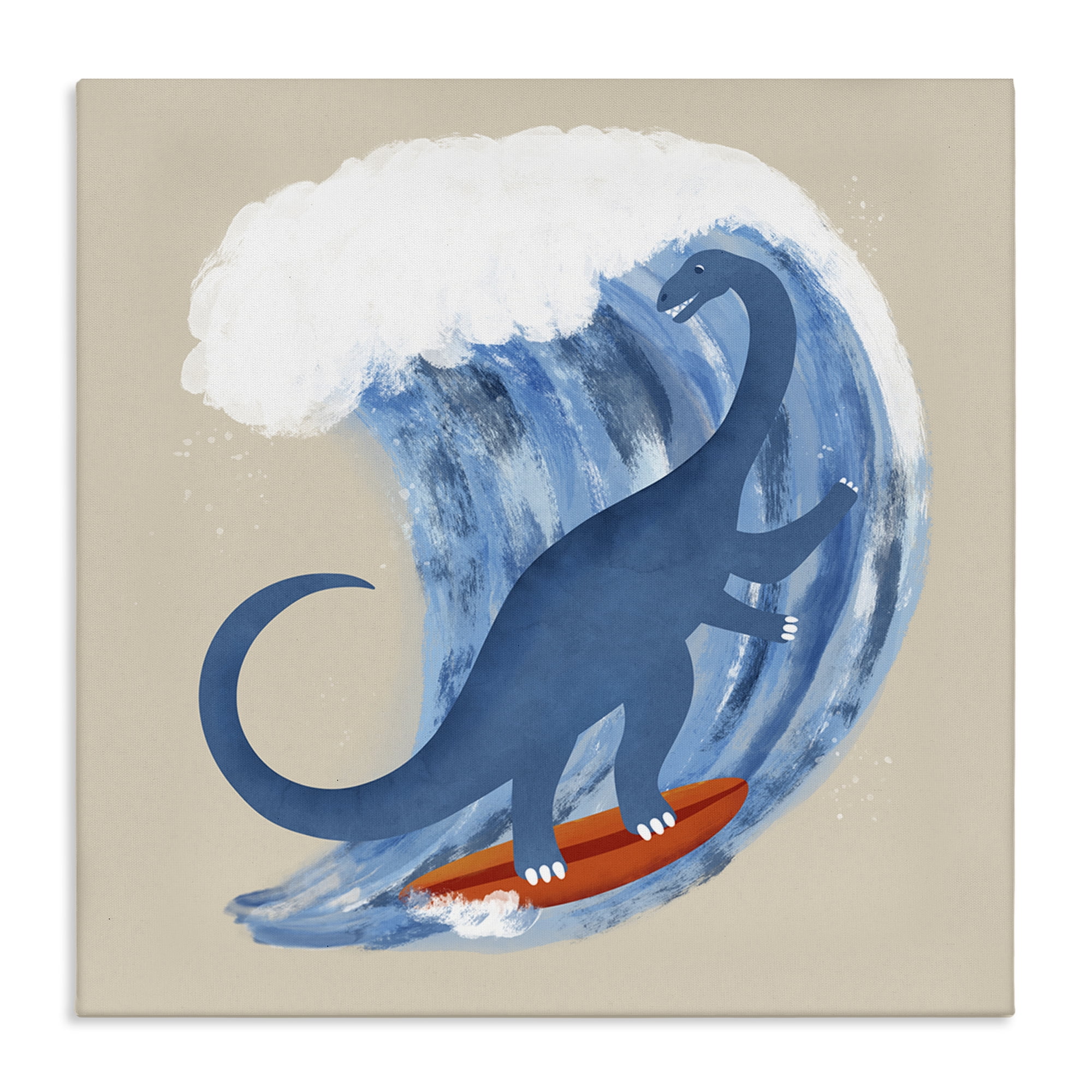 Stupell Industries Surfing Dino Brontosaurus Novelty & Humor Painting Wrapped Canvas Art Print Wall Art, 17 x 17