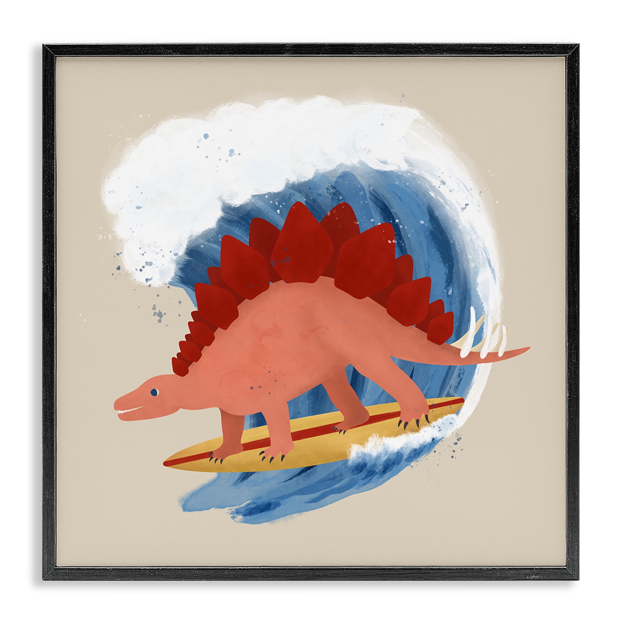 Stupell Industries Surfing Dino Stegosaurus Novelty & Humor Painting Black Framed Art Print Wall Art, 17 x 17