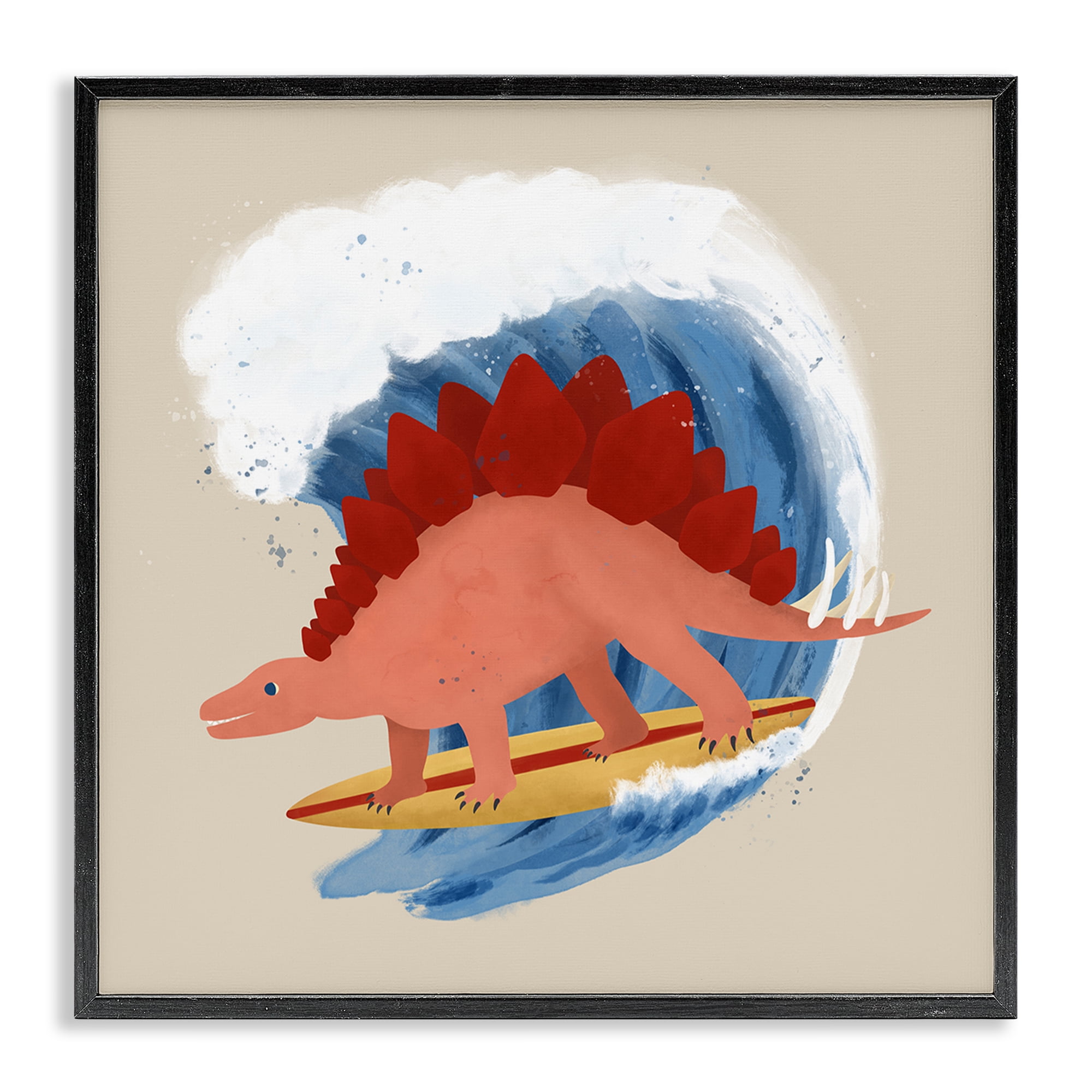 Stupell Industries Surfing Dino Stegosaurus Novelty & Humor Painting Black Framed Art Print Wall Art, 24 x 24