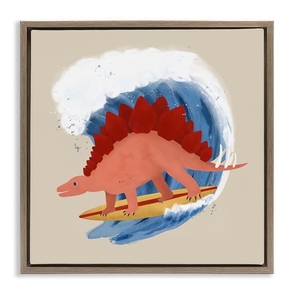 Stupell Industries Eclectic Surfing Dino Stegosaurus Brown Floating Frame Canvas Art, 18 x 18, by Carrie Cantwell