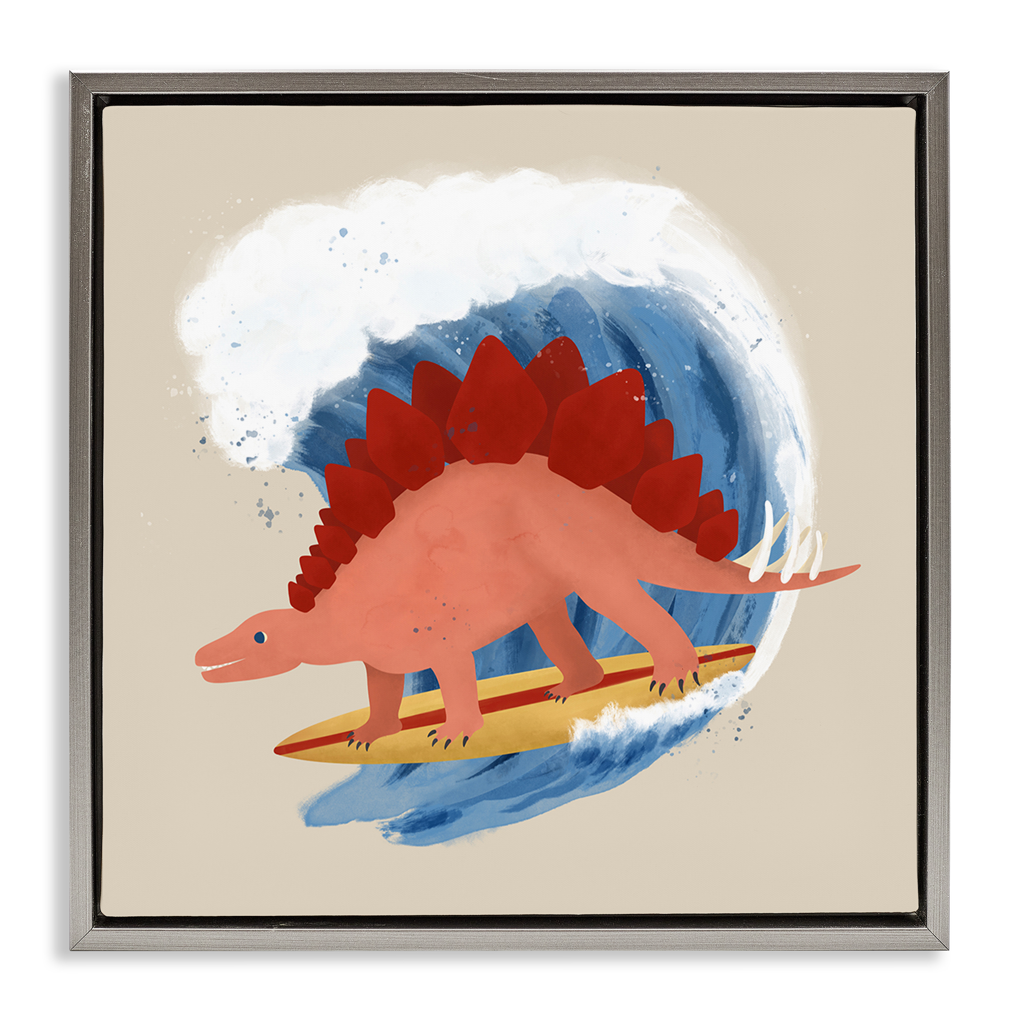 Stupell Industries Surfing Dino Stegosaurus Novelty & Humor Painting Gray Floater Framed Canvas Art Print Wall Art, 18 x 18
