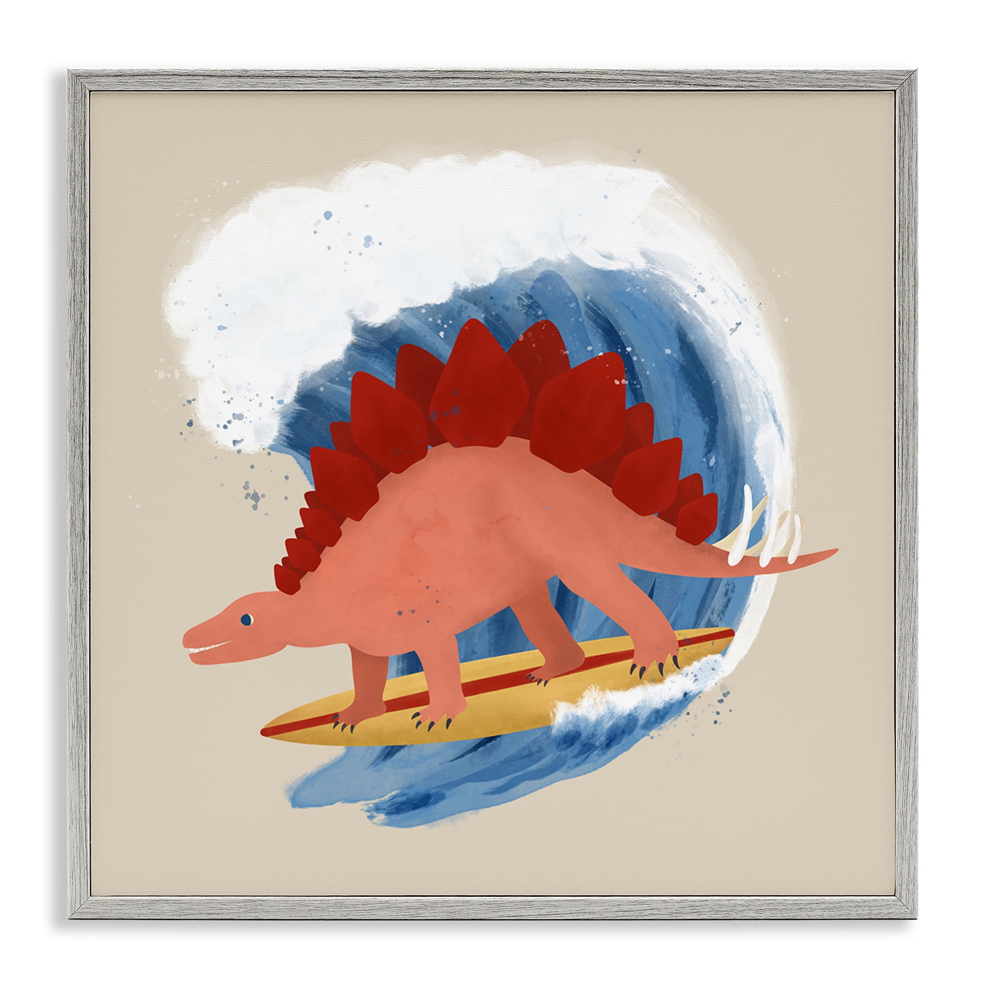 Stupell Industries Surfing Dino Stegosaurus Novelty & Humor Painting Gray Framed Art Print Wall Art, 24 x 24