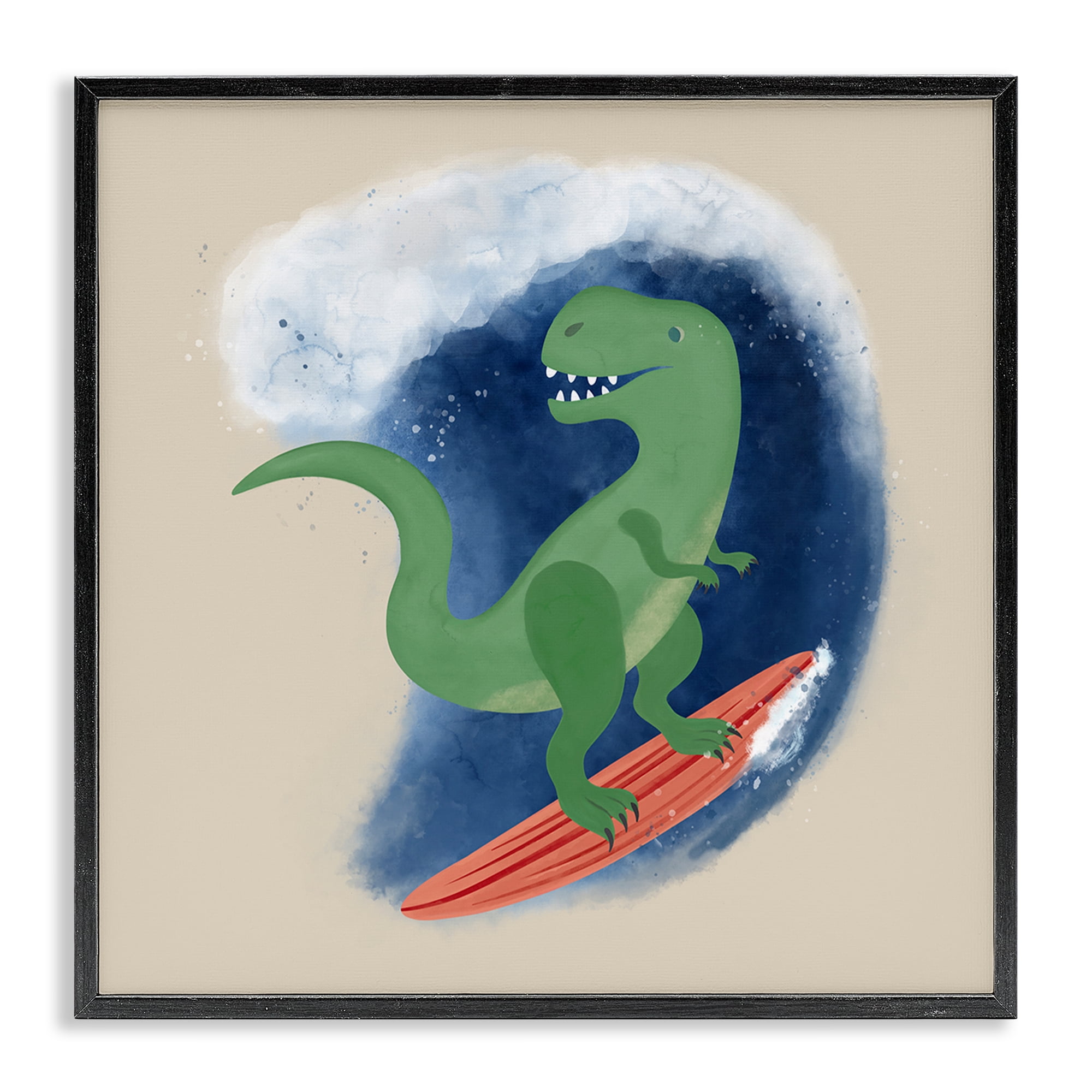 Stupell Industries Surfing Dino T-Rex Novelty & Humor Painting Black Framed Art Print Wall Art, 17 x 17