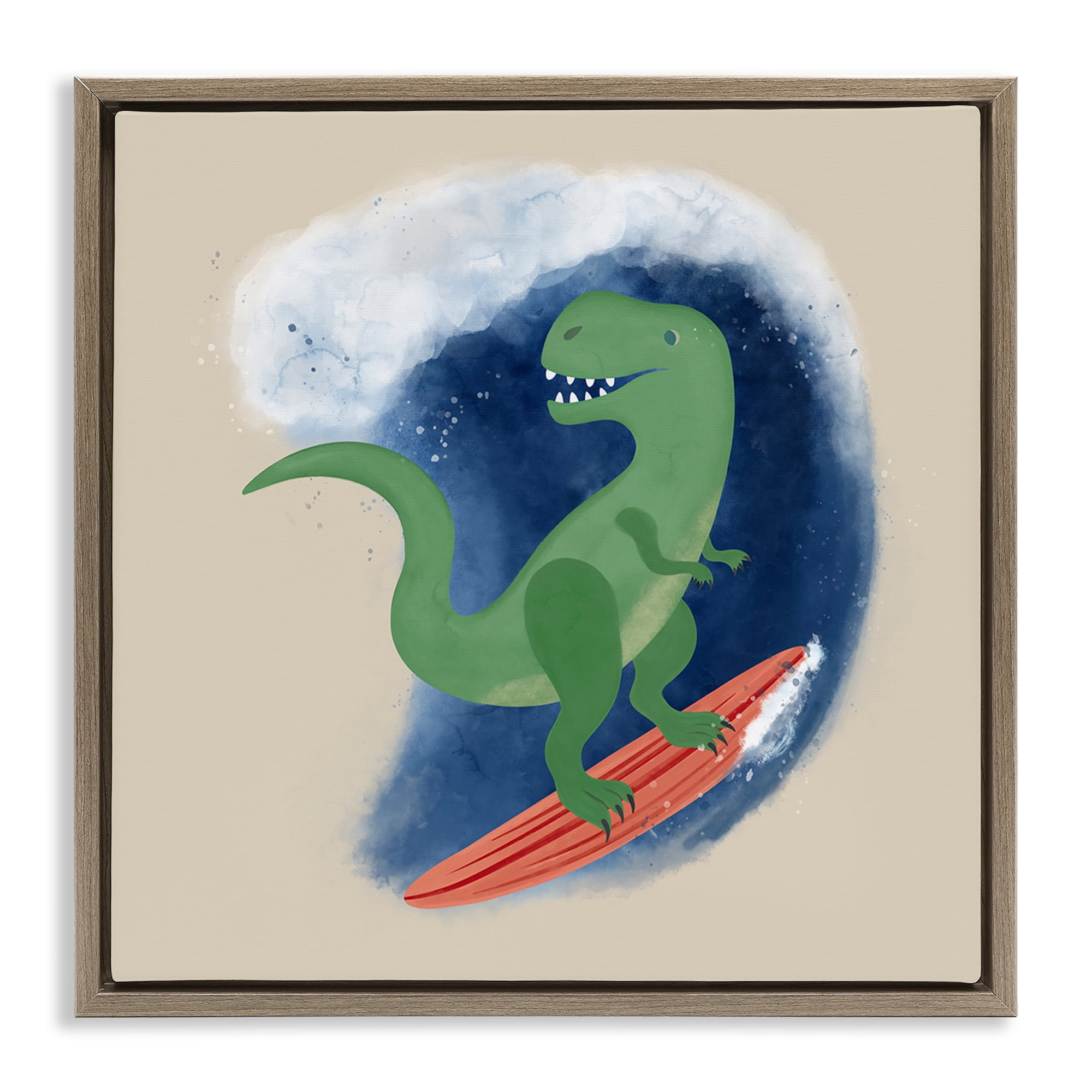 Stupell Industries Surfing Dino T-Rex Novelty & Humor Painting Brown Floater Framed Canvas Art Print Wall Art, 25 x 25