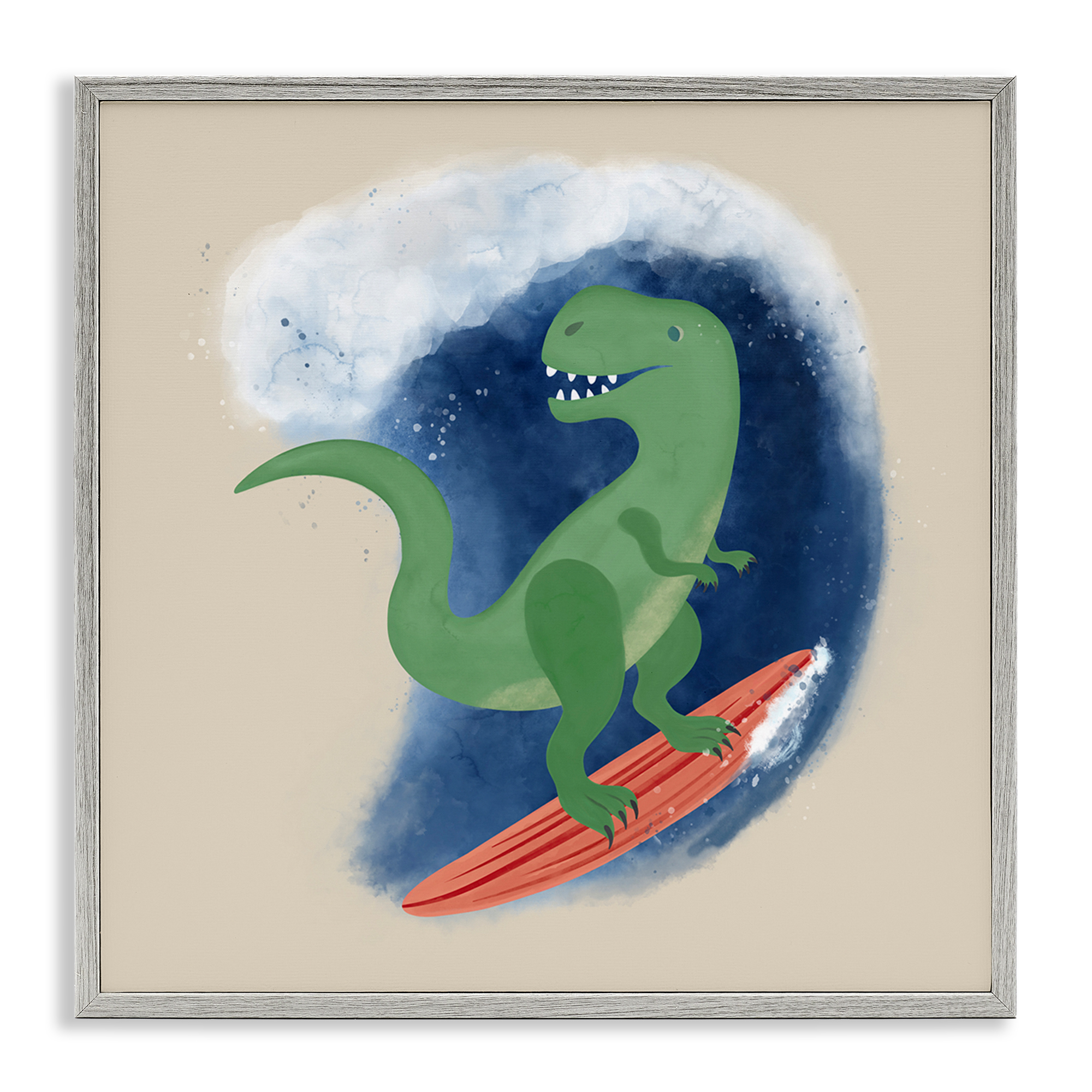 Stupell Industries Surfing Dino T-Rex Novelty & Humor Painting Gray Framed Art Print Wall Art, 12 x 12