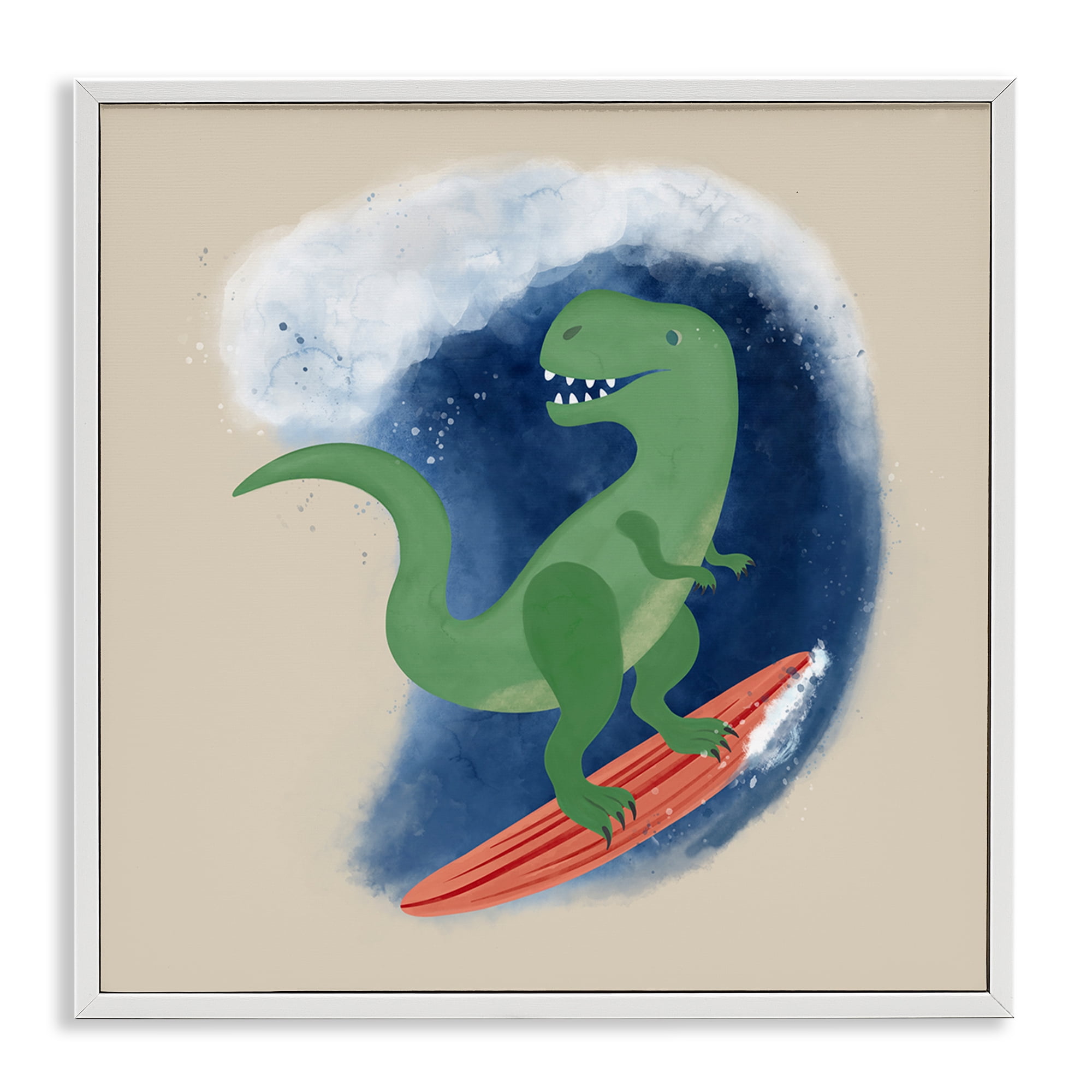 Stupell Industries Surfing Dino T-Rex Novelty & Humor Painting White Framed Art Print Wall Art, 12 x 12