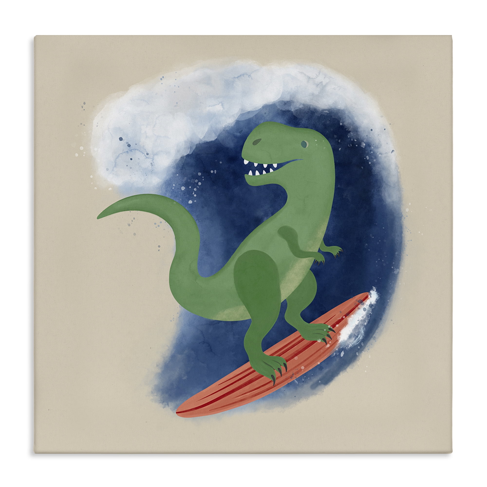 Stupell Industries Surfing Dino T-Rex Novelty & Humor Painting Wrapped Canvas Art Print Wall Art, 17 x 17