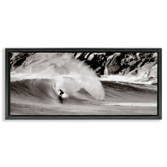 Stupell Industries Surfing Reef Break Coastal Photography Black Floater Framed Canvas Art Print Wall Art, 25 x 11