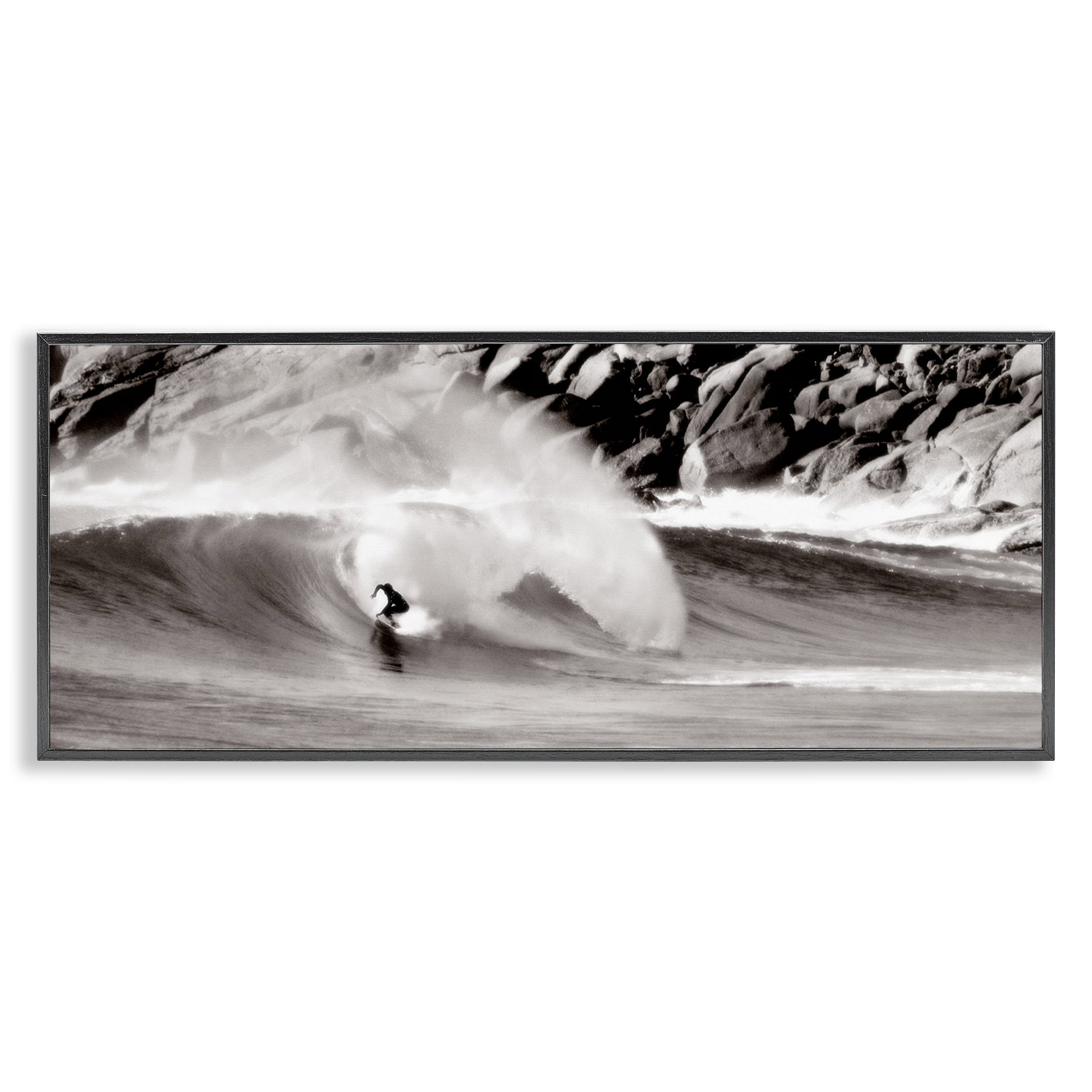 Stupell Industries Surfing Reef Break Coastal Photography Black Framed Art Print Wall Art, 30 x 13