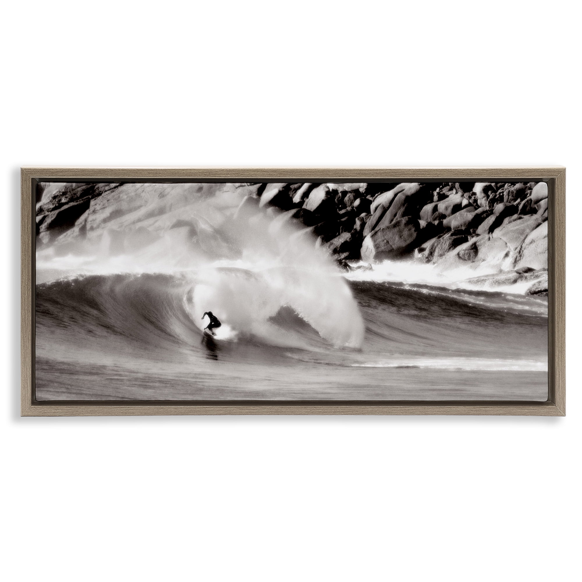 Stupell Industries Surfing Reef Break Coastal Photography Brown Floater Framed Canvas Art Print Wall Art, 31 x 14