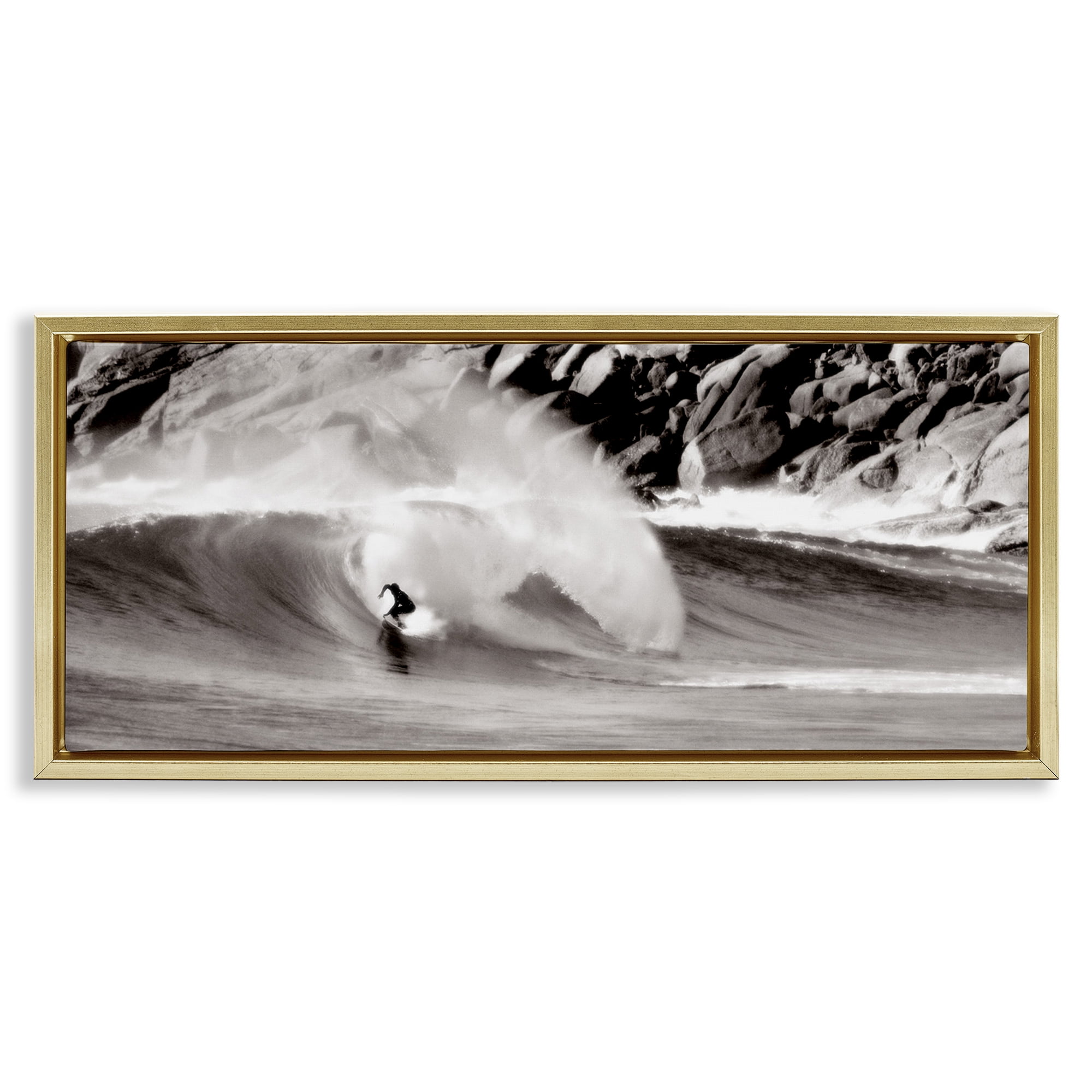 Stupell Industries Surfing Reef Break Coastal Photography Gold Floater Framed Canvas Art Print Wall Art, 25 x 11