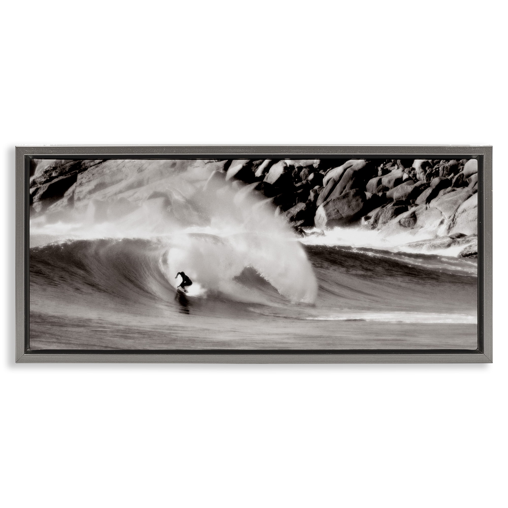 Stupell Industries Surfing Reef Break Coastal Photography Gray Floater Framed Canvas Art Print Wall Art, 25 x 11