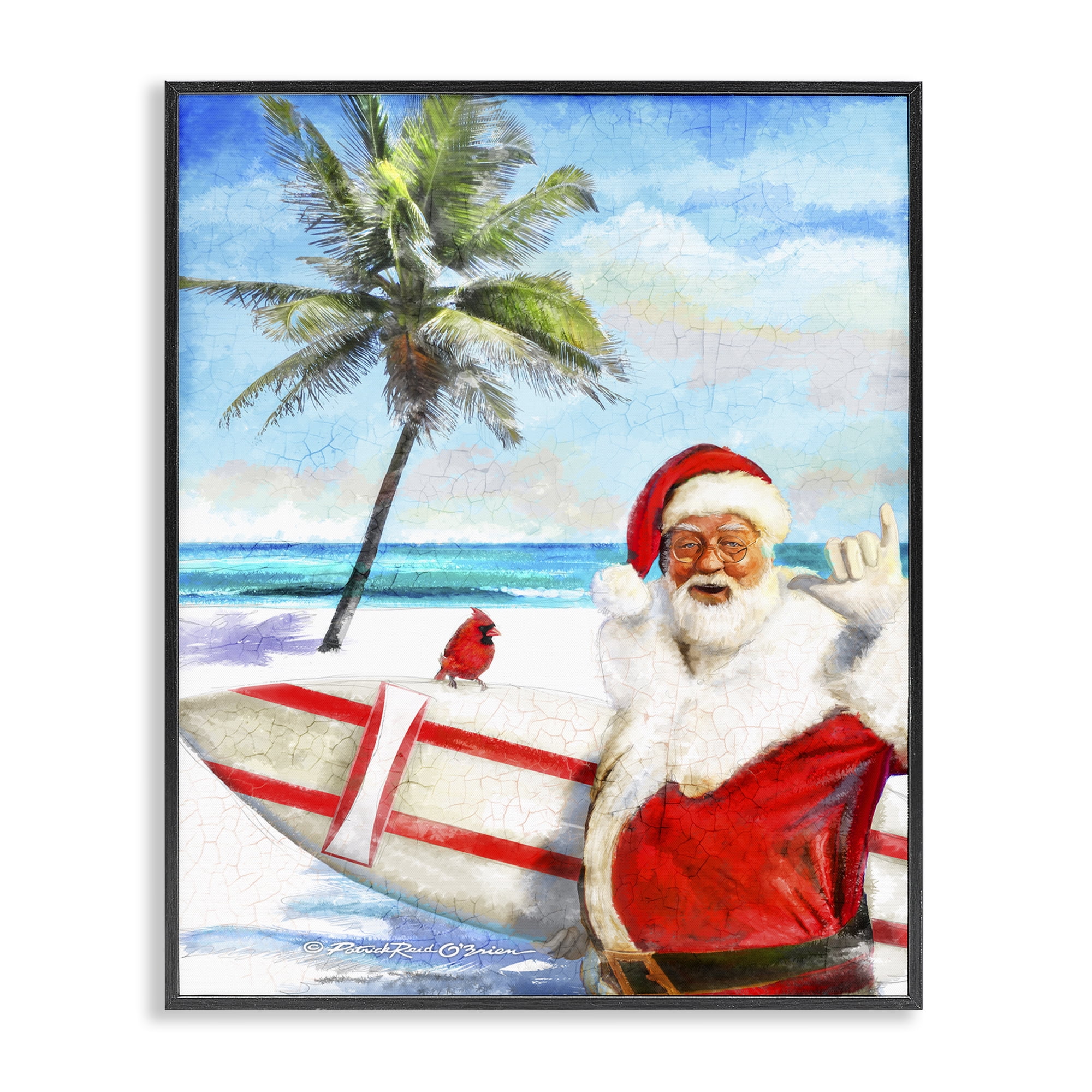 Stupell Industries Surfing Santa at Beach Holiday Painting Black Framed Art Prints Wall Art, 24 x 30