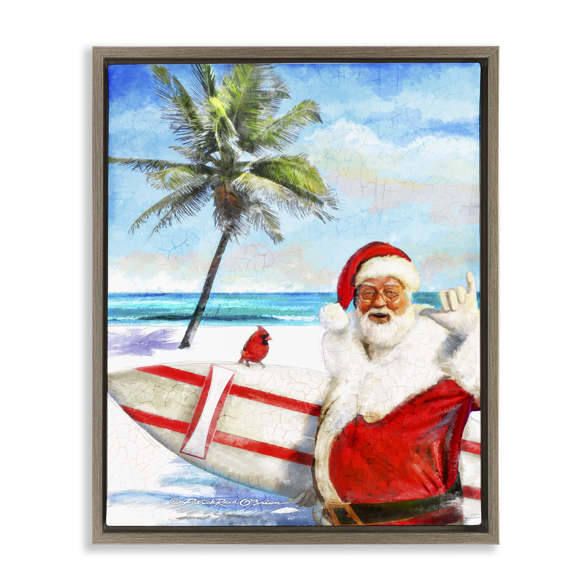 Stupell Industries Surfing Santa at Beach Holiday Painting Brown Floater Framed Canvas Art Prints Wall Art, 17 x 21