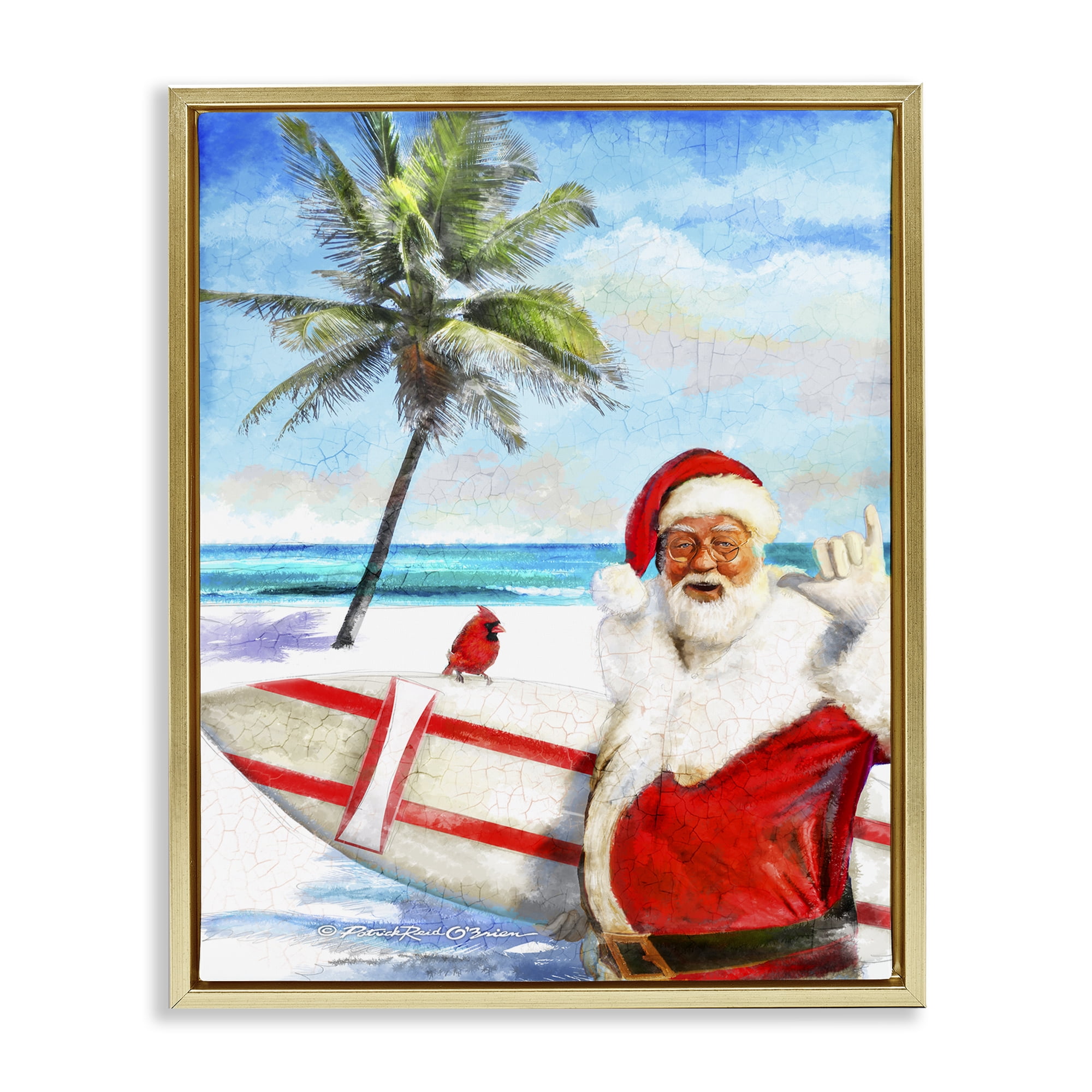 Stupell Industries Surfing Santa at Beach Holiday Painting Gold Floater Framed Canvas Art Prints Wall Art, 25 x 31