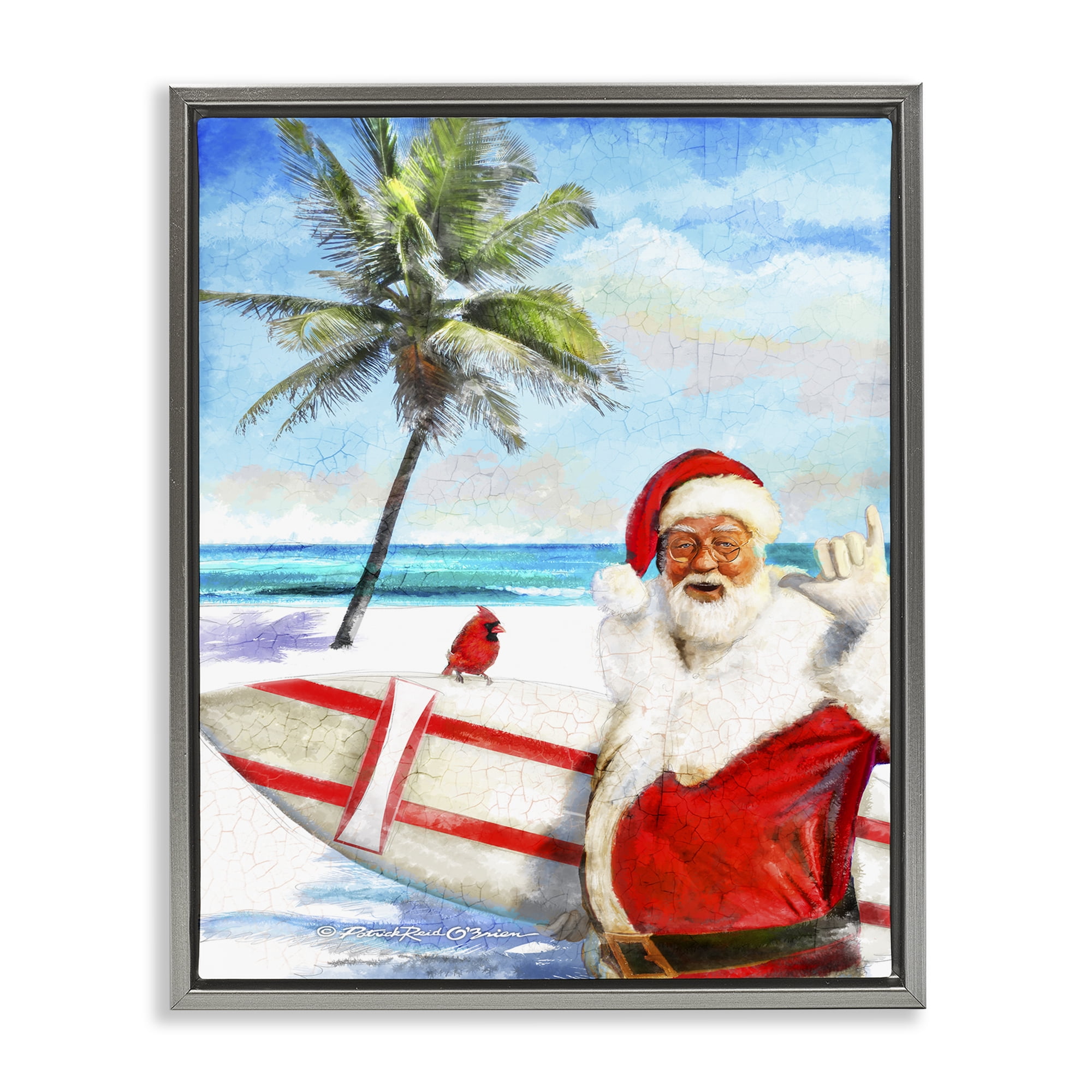 Stupell Industries Surfing Santa at Beach Holiday Painting Gray Floater Framed Canvas Art Prints Wall Art, 17 x 21